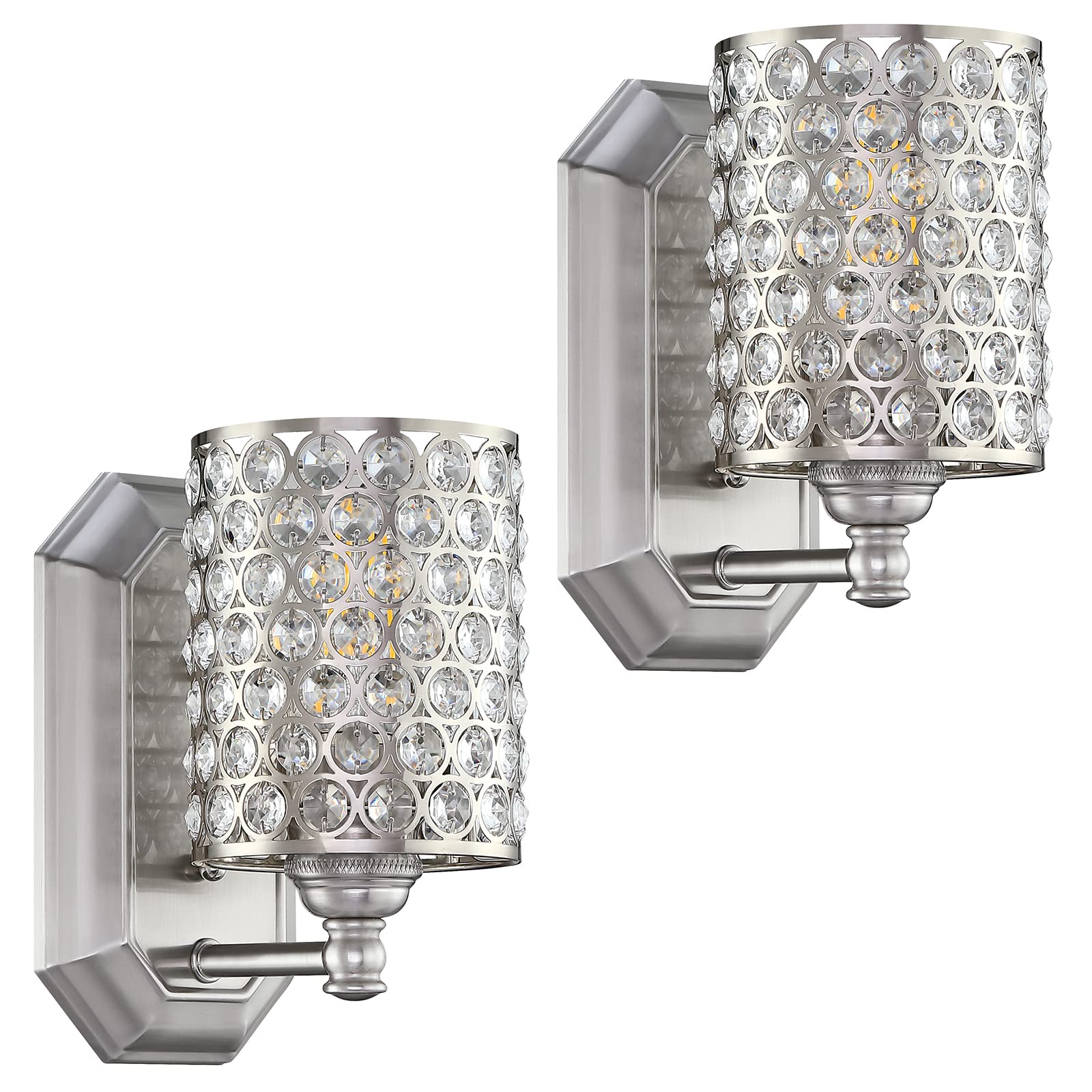2 Pack 1 Light Crystal Wall Sconce Lighting with Brushed Nickel Finish Modern Concise Style Wall Light Fixture Polyhedral Crystal Shade for Bathroom  Bedroom Living Room Bedside