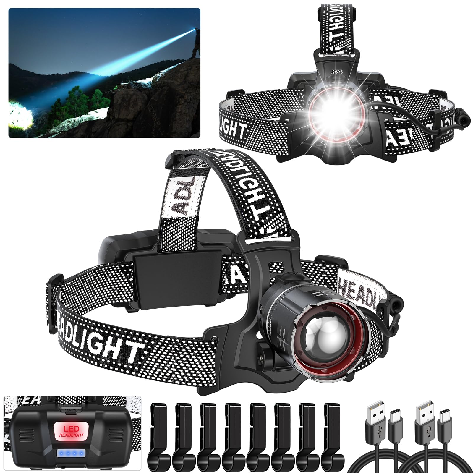 ATDOALL Super Bright LED Headlamp, Rechargeable 2 Pack, Motion Sensor, 5 Modes, Zoomable, Waterproof, Model H-2401-TD-2