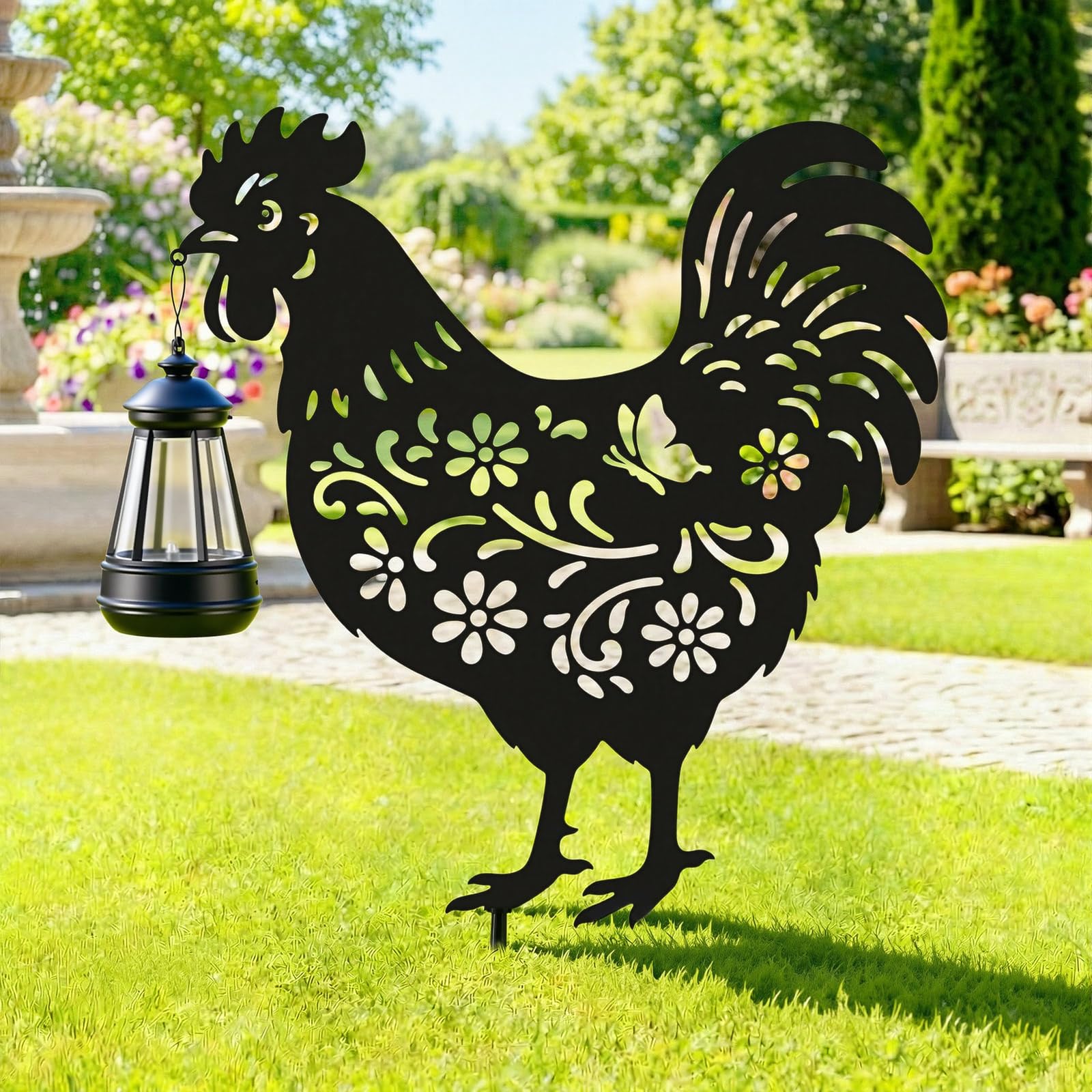 Otoolling Chicken Metal Decor for Outside, Garden Stakes Decorative Gifts for Women/Men, Black Chicken Silhouette Statues for Ya