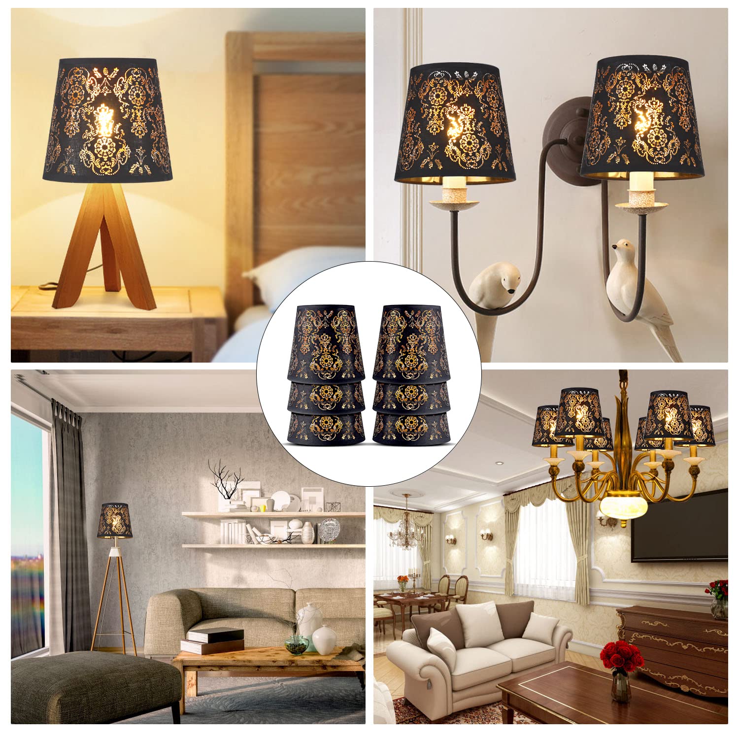 Yisun Chandelier Lamp Shades Set Of 6, Black/Texture Crystal Bell Clip-On Shades, Model Df-Lczd10-Dka