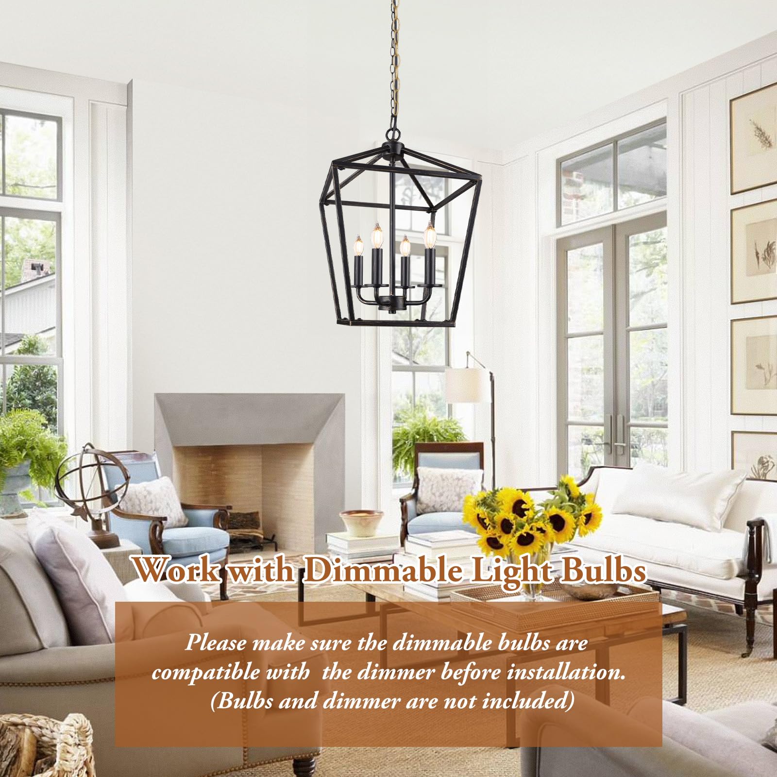 Farmhouse Chandelier 4-Light  Black & Gold Pendant Light Fixture For Kitchen Island Dining Room  Lantern Industrial Lighting Ceiling Hanging With Metal Cage Adjustable Height For Entryway Foyer