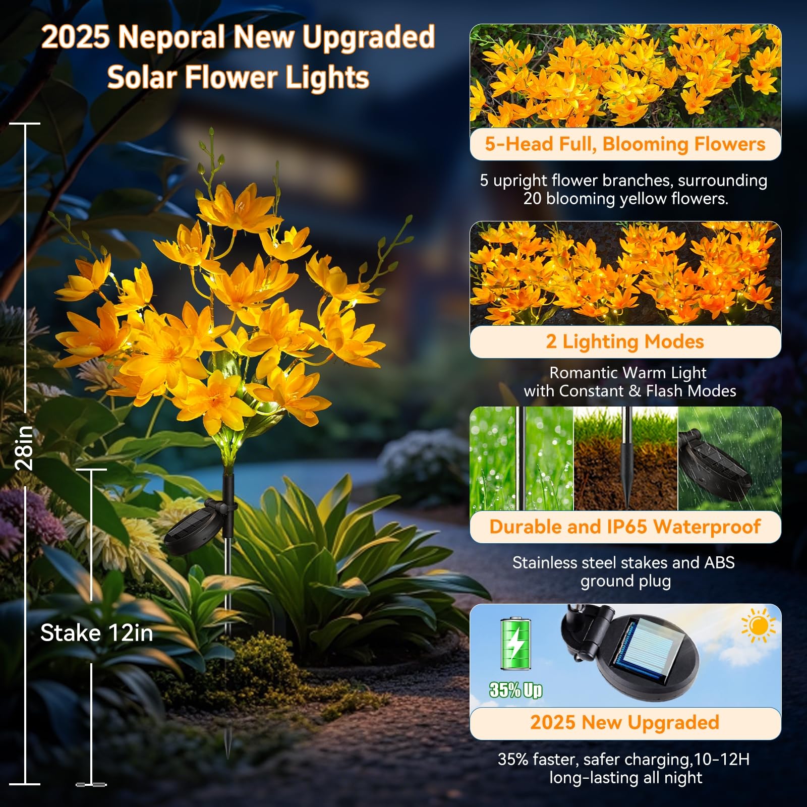 Neporal Solar Flowers Outdoor Waterproof Ip65, 5-Head Snow Lotus With 20+ Flowers, Warm Led Light & 2 Lighting Modes, Decorative