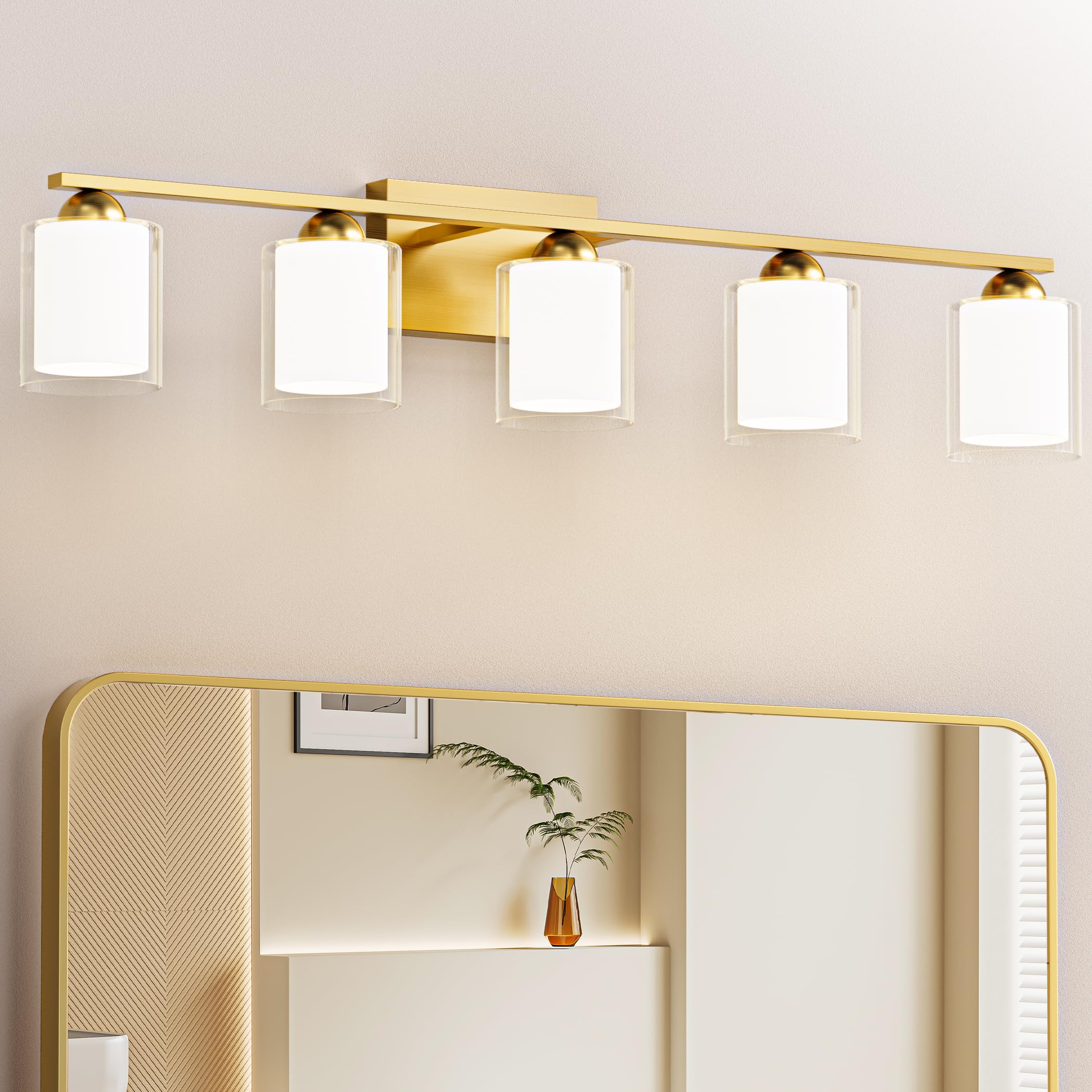 Quntis Gold Bathroom Light Fixtures, 5 Light LED Vanity Lights, Metal, 33 Inch, Milk White Frosted Glass, Model Q5G-MOD