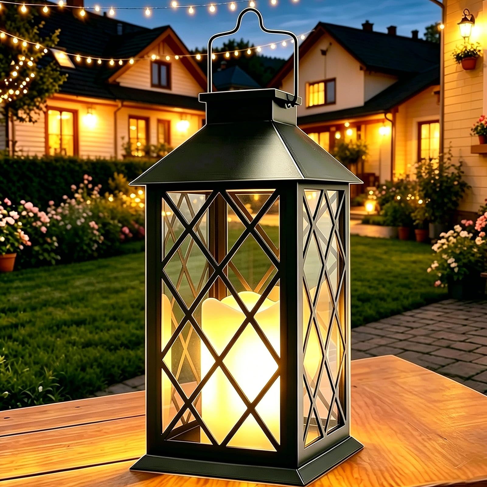 Dekofun 14 Large Tempered Glass Solar Lanterns Outdoor Waterproof, Hanging Solar Lights with Flickering Flameless Candles, Retro