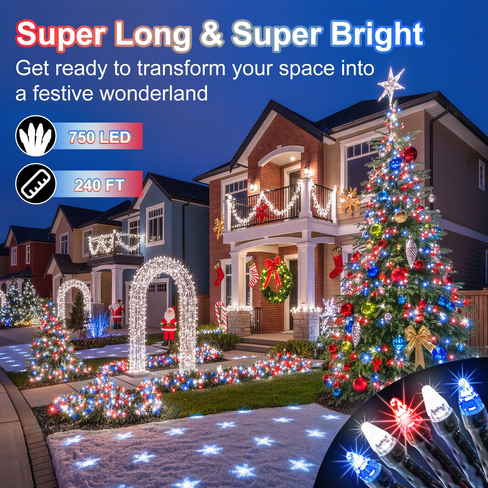 750 Led 240Ft Christmas String Lights Outdoor  12 Pro Modes And Timer Memory & Brightness  Plug In Waterproof Dark Green Wire Twinkle Light For For Xmas Yard Tree Wedding Party Decor Red White Blue