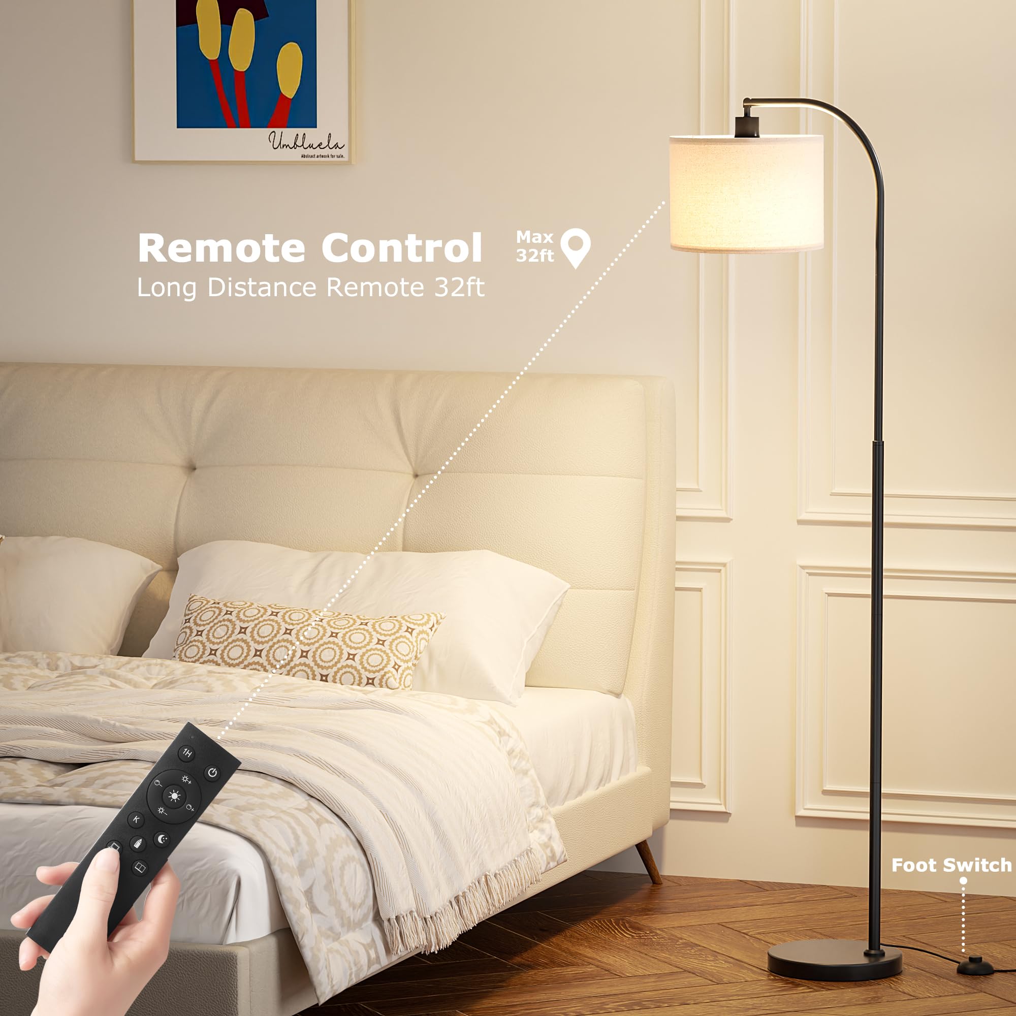 Ambimall Arc Floor Lamp With Remote And Stepless Dimmable Bulb, Colors Temperature & Brightness Adjustable, Black Floor Lamps Fo