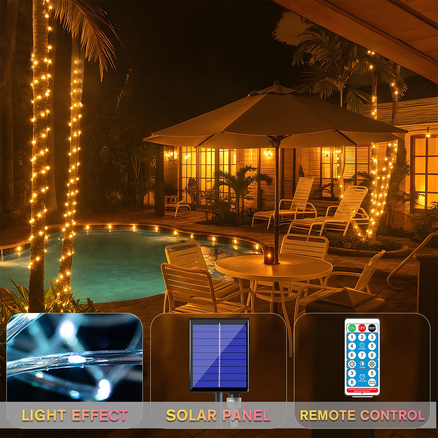 ANJAYLIA Solar Rope Lights 200 LED Waterproof 66FT with Timer Remote Warm White