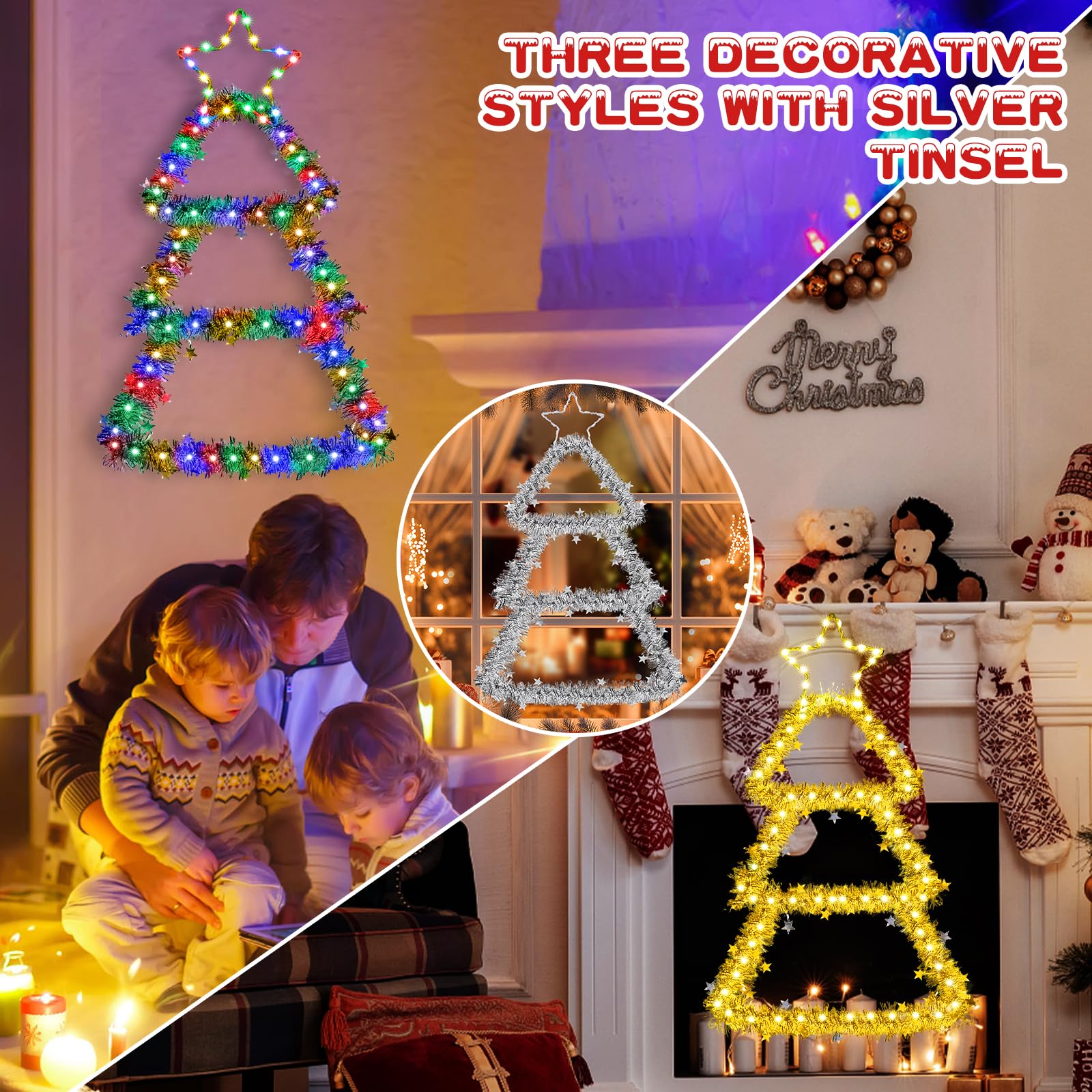 Elktry Led Christmas Decorations Lights, 2.2Ft Multicolor And Warm White Lighted Christmas Tree With Silver Tinsel, Battery Operated Hanging Lights For Indoor Outdoor, Window Wall Door Home Decor