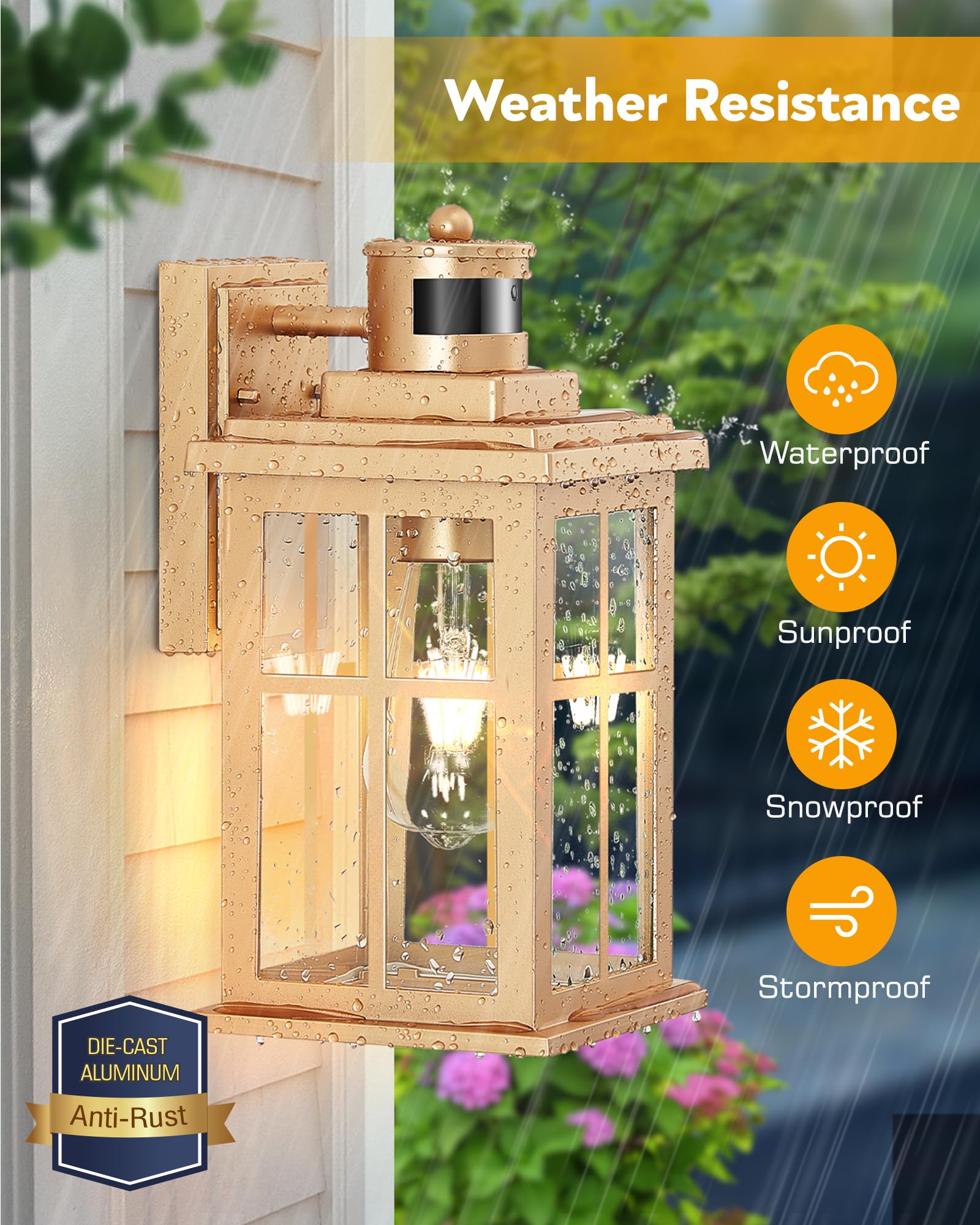 OPAXIS Gold Motion Sensor Outdoor Lights, Waterproof Aluminum Wall Fixtures, 2 Pack, Transparent Glass for House, Garden, Yard