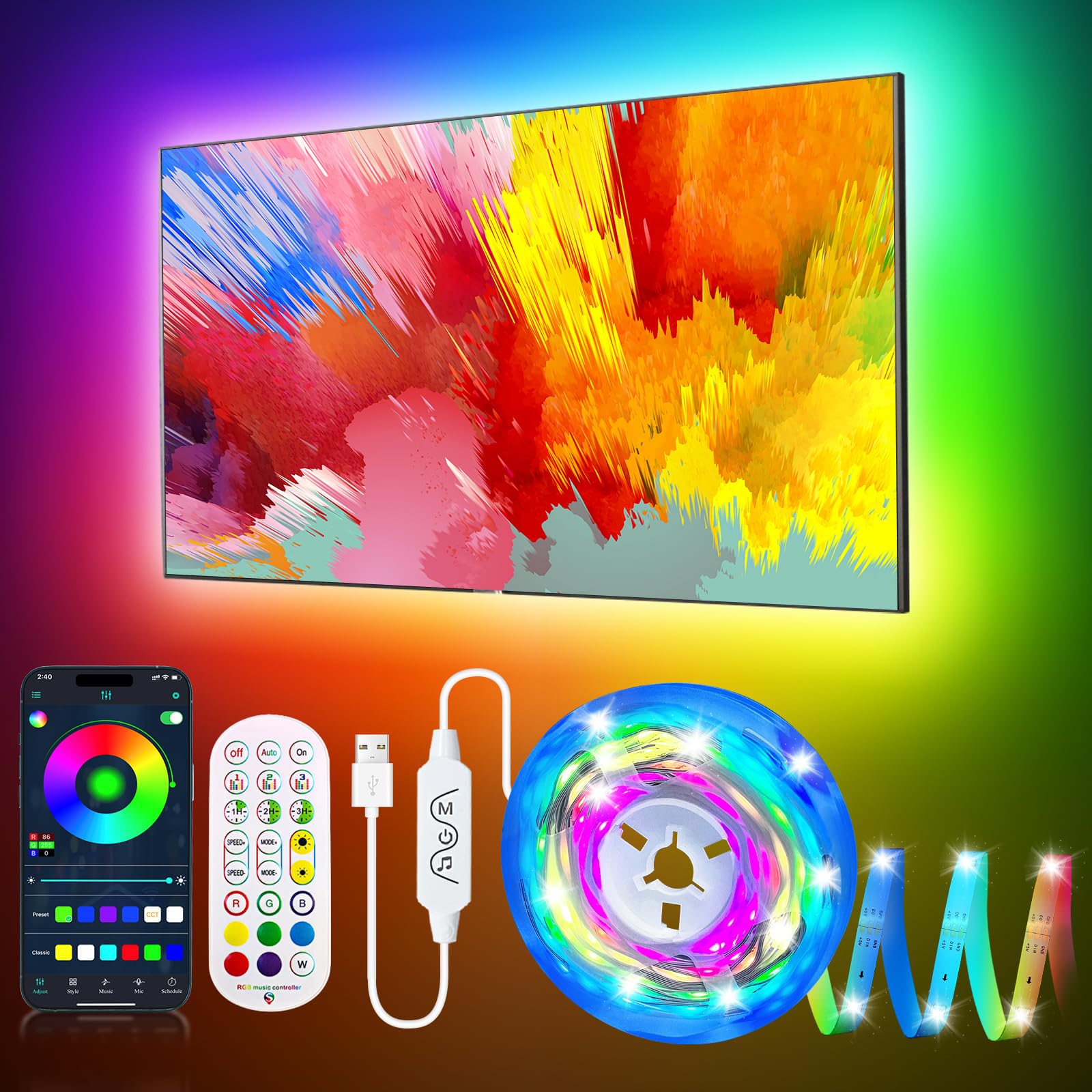 DTQJ ICRGB TV LED Backlight, 9.84FT LED Lights for 32-43inch TV, Music Sync Color Changing, with App and Remote Control, USB Pow