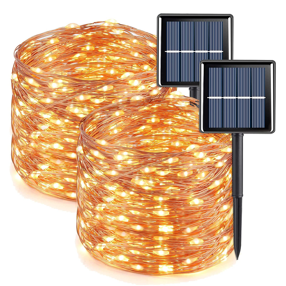 Qitong Warm White Solar Fairy Lights Outside Waterproof, 2 Pack 66Ft 200 Led String Lights Outdoor, 8 Modes Silver Wire Twinkle