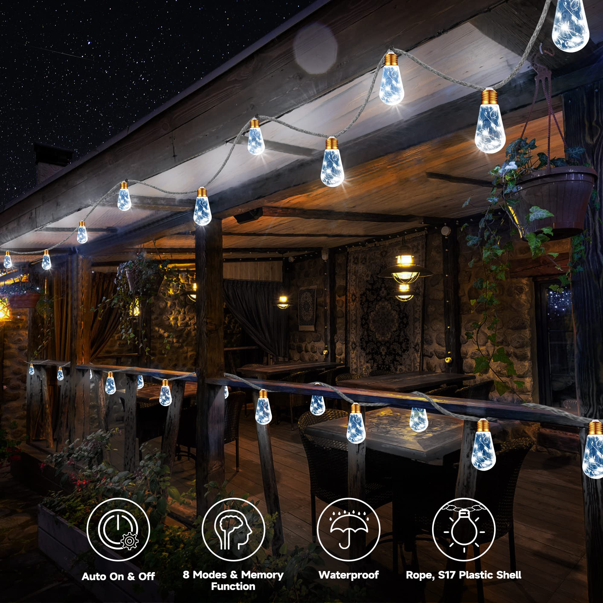 Solar Outdoor String Lights, 20Ft Vintage Rope Hemp Solar Patio Lights, Waterproof White Solar Powered String Lights With 8 Mode