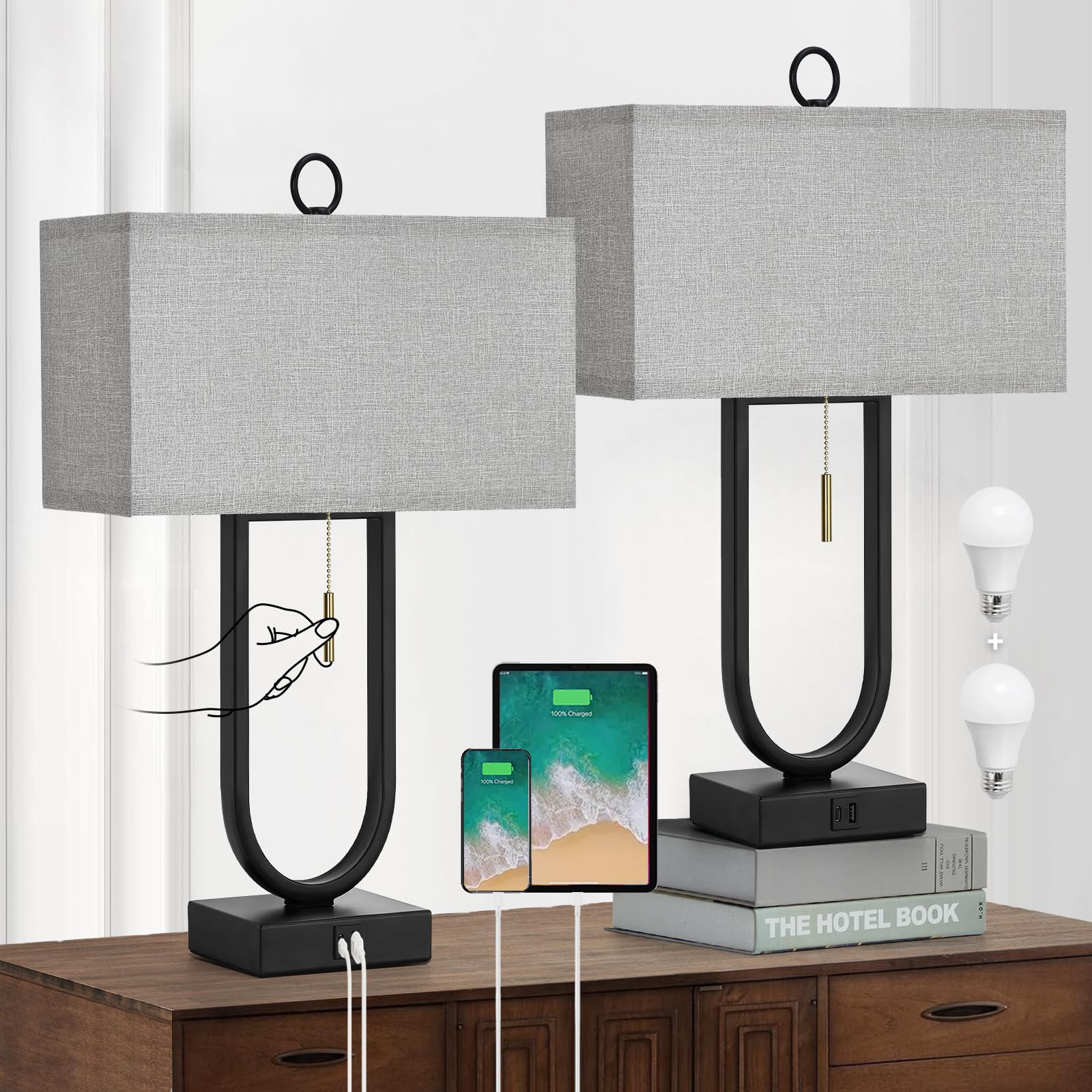 Luvkczc Nightstand Lamps Set of 2, 24in  Tall, Metal, Grey Linen Shade, USB C+A Ports, Model 107