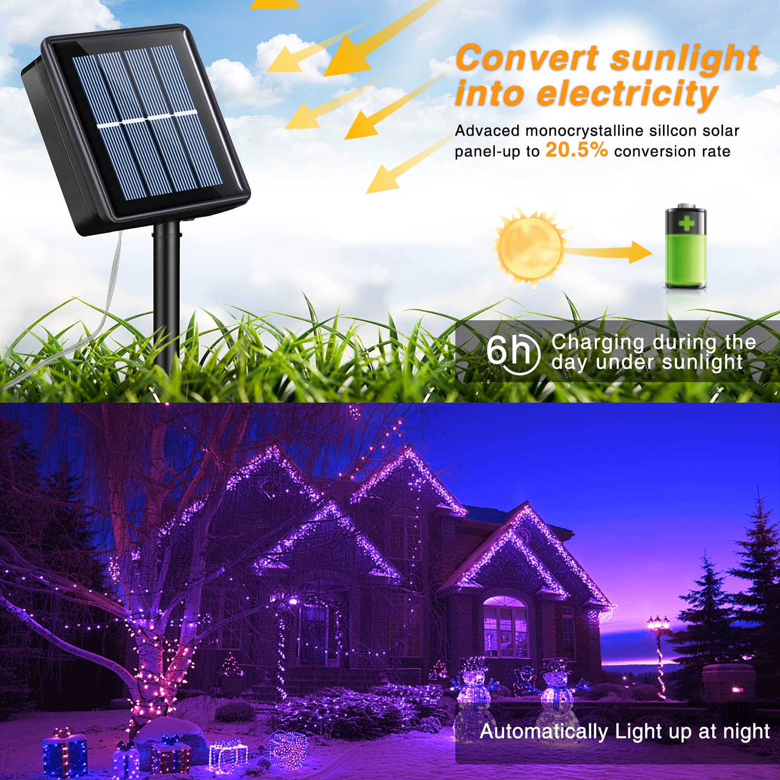 Qitong 66Ft Purple Solar Fairy Lights, 200 Led, Waterproof, 8 Modes For Garden & Patio Decor