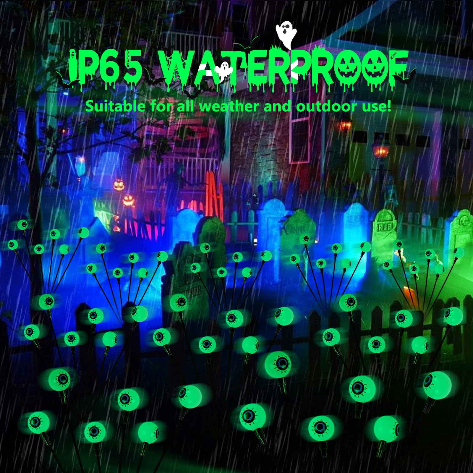 YIQU Solar Eyeball Lights - 24 LED Green, 4 Pack, Waterproof, 2 Lighting Modes for Outdoor Halloween Decorations