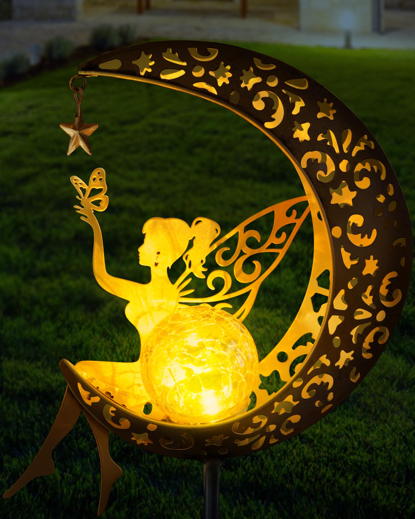 Vuees Solar Garden Statues Outdoor Decor, Fairy Moon Figurine Light Stake, Housewarming Ornament for Patio, Lawn, Yard, Pathway 