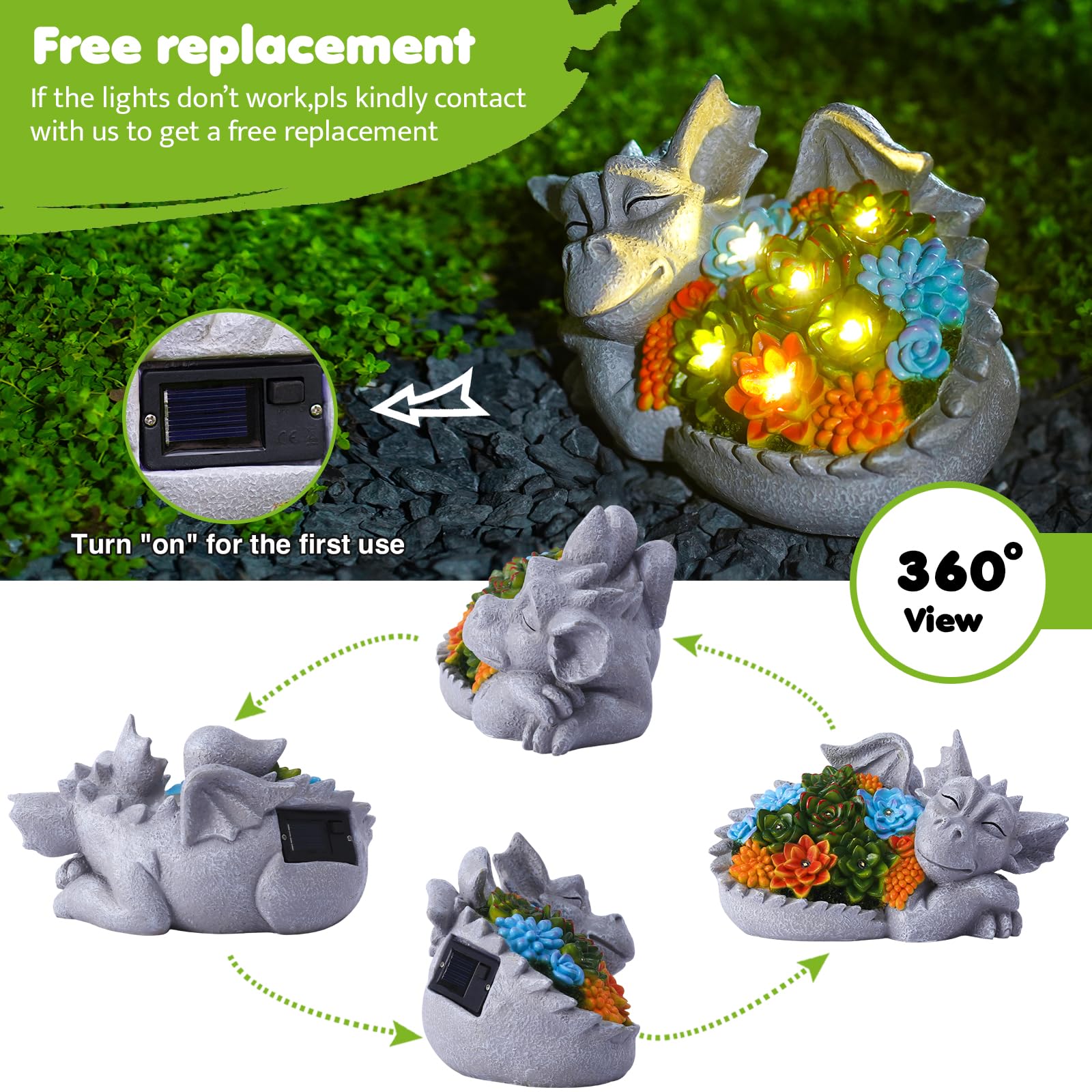 Tiejiajiang Solar Dragon Statue - Gray Resin Garden Decor With Succulent Lights, 9.1Inch