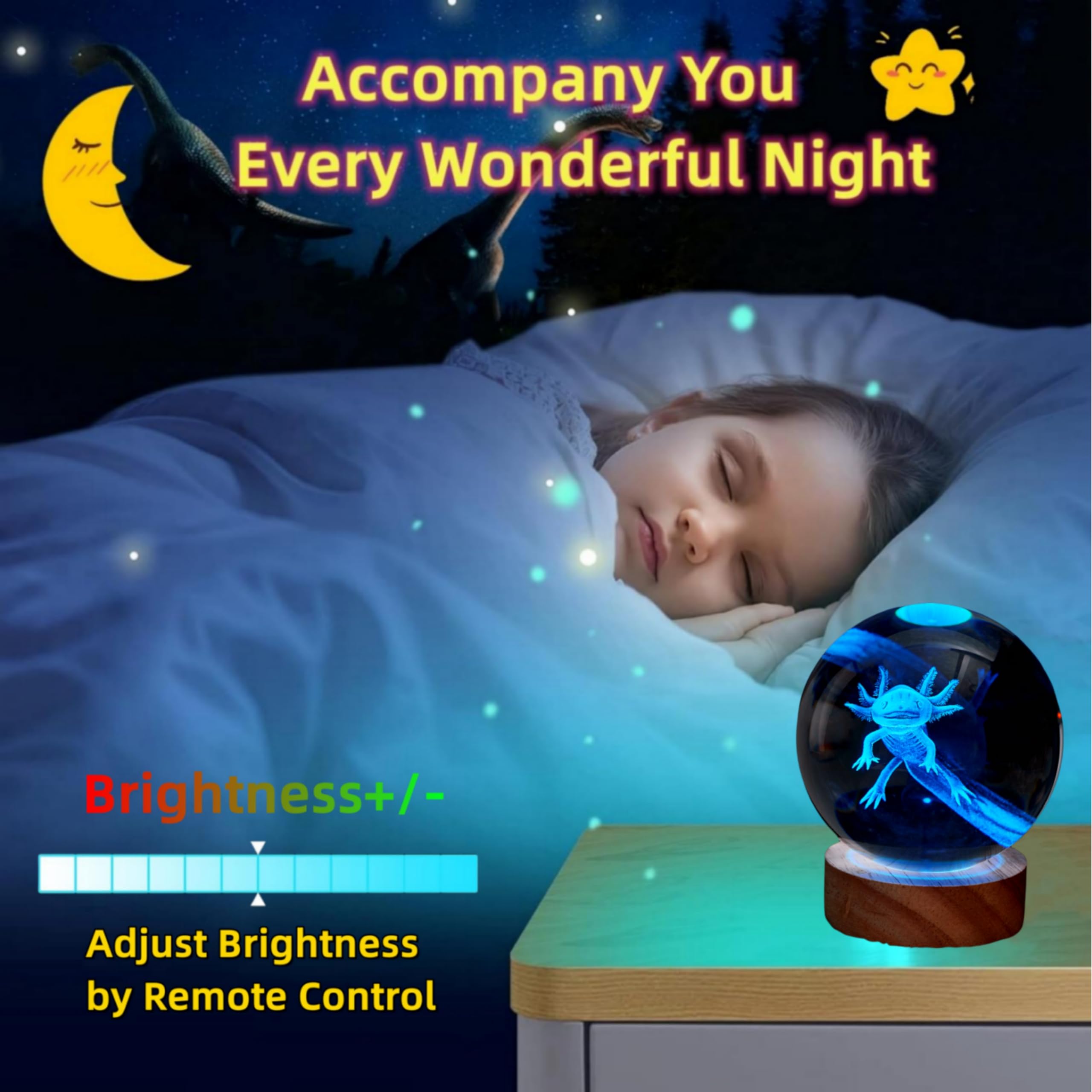 DIGFPWT Axolotl Crystal Ball Night Light, 3.15 Inch, LED Wooden Base, 16 Colors, Gift Box Packing, Color: Axolotl B