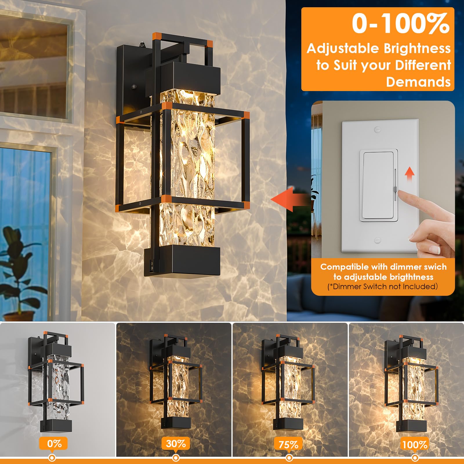 Hotsonic Dusk to Dawn Outdoor Wall Light Fixture, 14" Waterproof Aluminum Lantern, Orange, Model HS-0101
