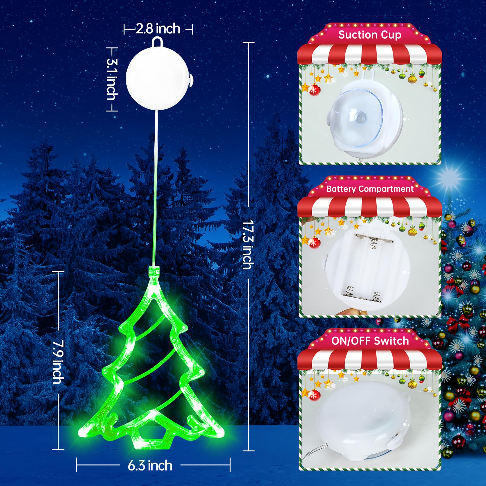 Danli Christmas Decorations 3Pcs Christmas Window Lights Battery Operated Christmas Tree Lights With Suction Cup For Christmas Window Decorations Fireplace New Year,Green