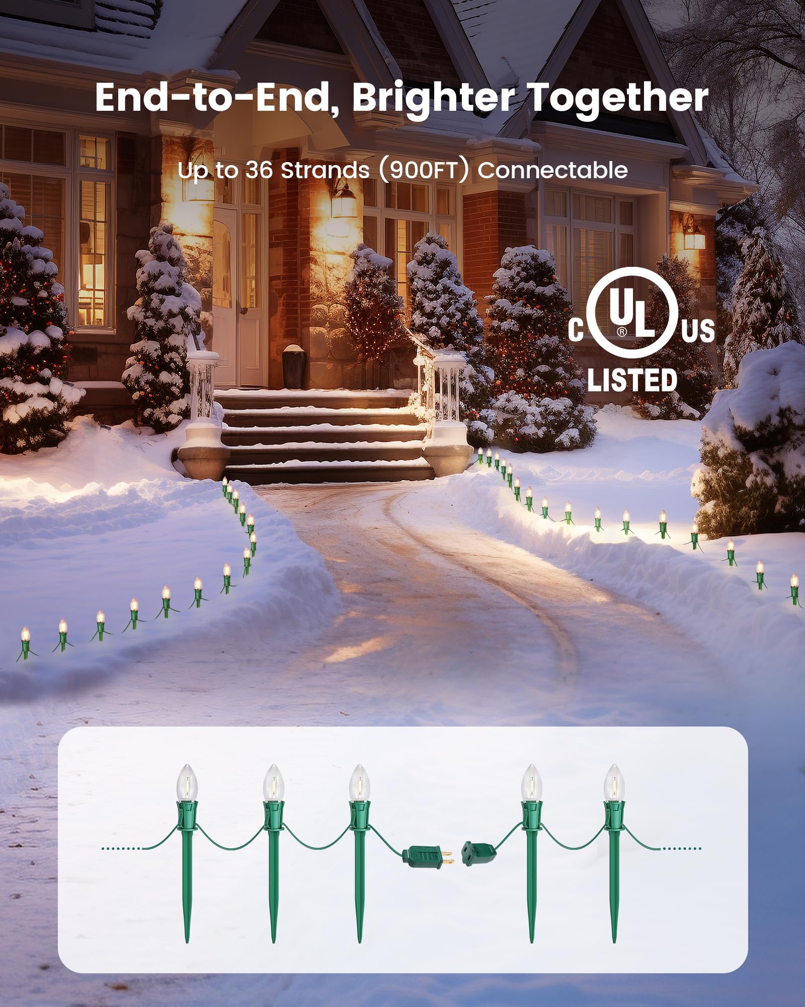Suraielec C9 Christmas Pathway Lights, 25Ft Walkway Christmas Lights With 20 Warm Led Bulbs, 20 Stakes, Holiday Decoration For S