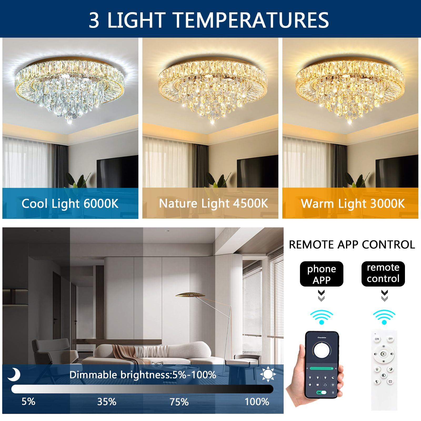 23.6'' Modern Crystal Chandeliers Led Dimmable Flush Mount Ceiling Chandeliers For Living Room Entrance Foyer Bedroom Gold