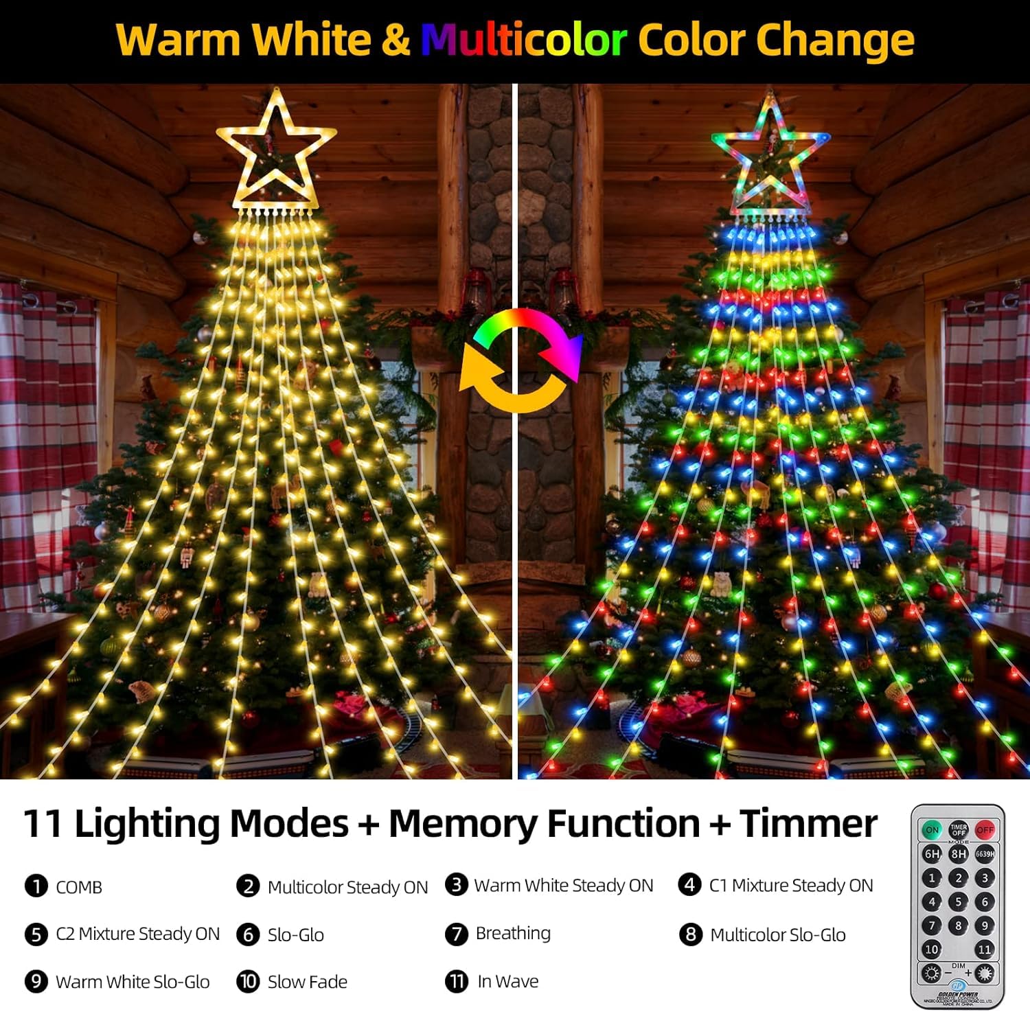 MZD8391 320 LED Color Changing Outdoor Star String Lights, Waterproof, 11 Modes, Warm White & Multicolor, Model QL300AE