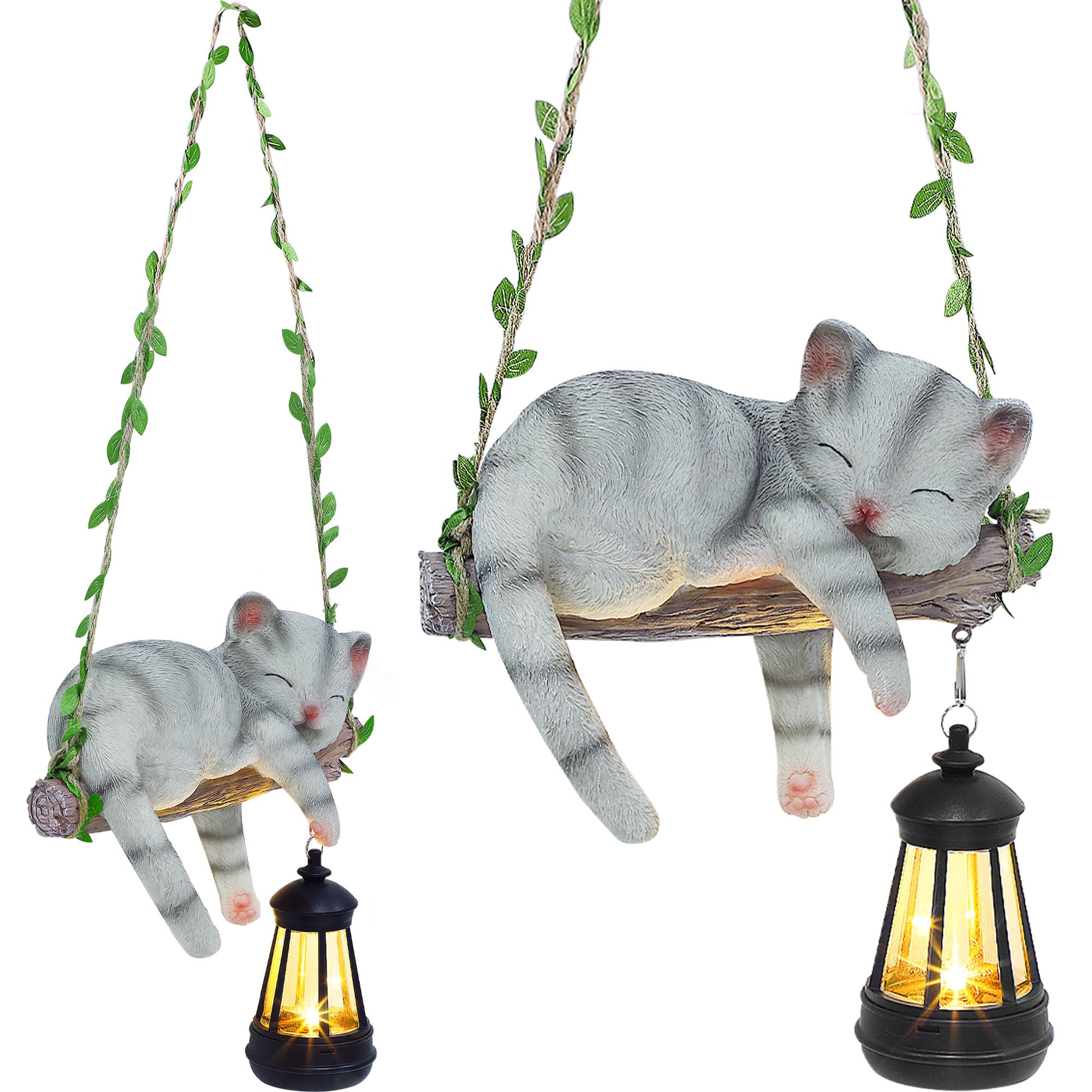 Zaayee Solar Lighted Garden Outdoor Statue  22.6 H Hanging Swing Lying With A Sleeping Cat And A Led Lantern  Resin Animal Figurine Hanging Ornaments With Hook For Decoration & Gift