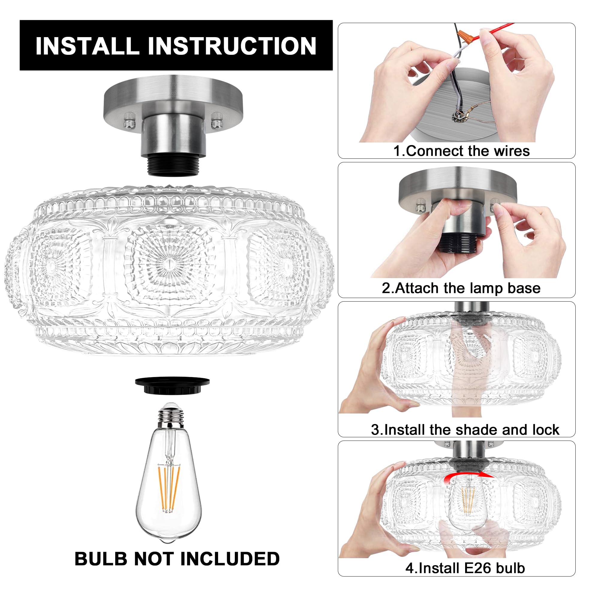 Oykyohei Semi Flush Mount Ceiling Light, Upgraded Larger Brushed Nickel Glass Ceiling Light Fixture, Vintage Lighting For Hallwa