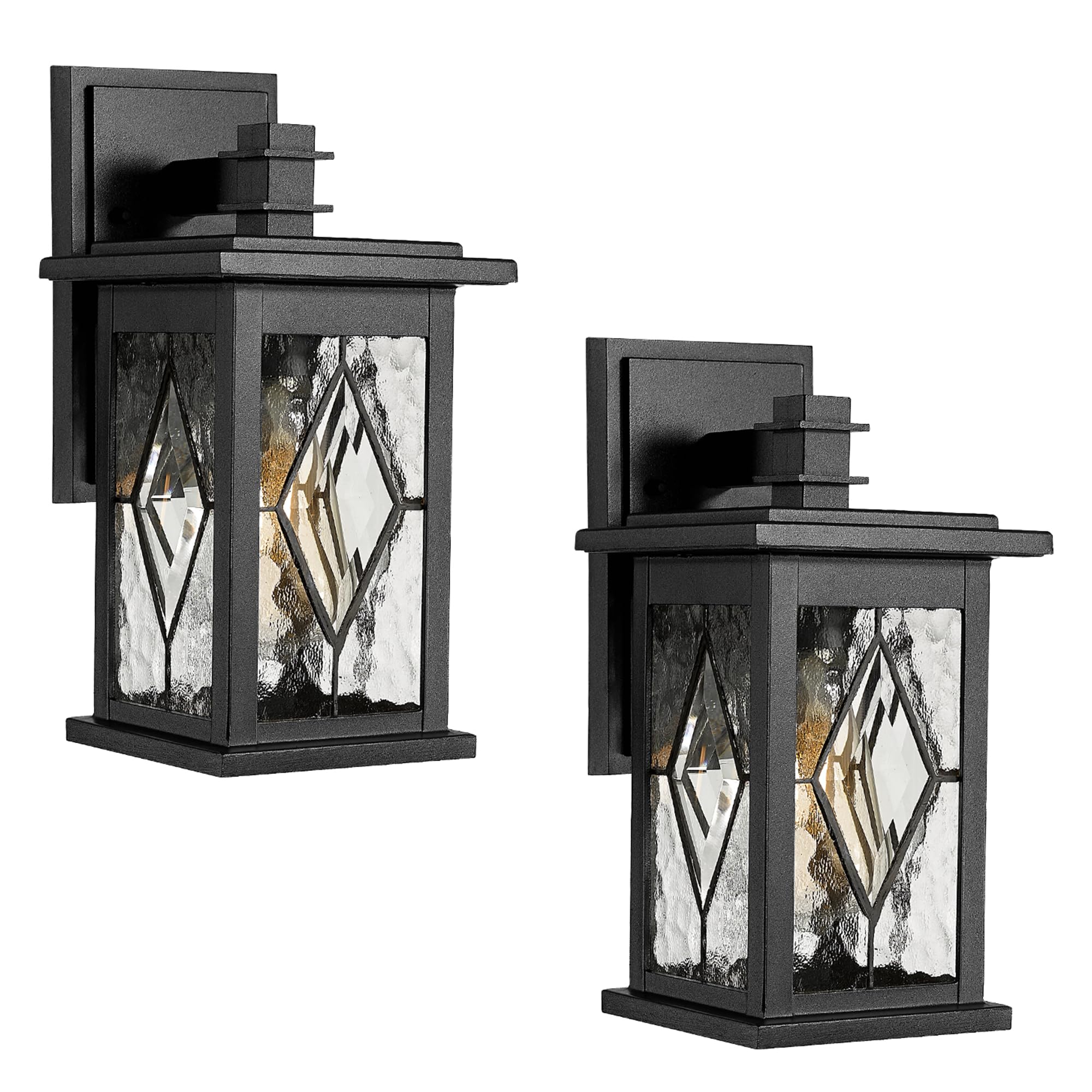 Emliviar 2-Pack Outside Light Fixtures, 12in Black Aluminum with Water Grain Glass, Model 1803EW1-2PK-SD BK