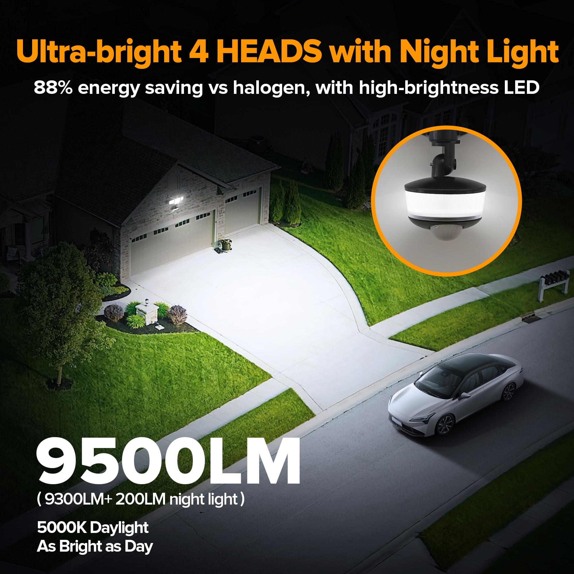 LUTEC 84W LED Security Light, 9500LM Motion Sensor, 4 Head Flood Lights, 5000K Daylight, IP65 Waterproof, Black