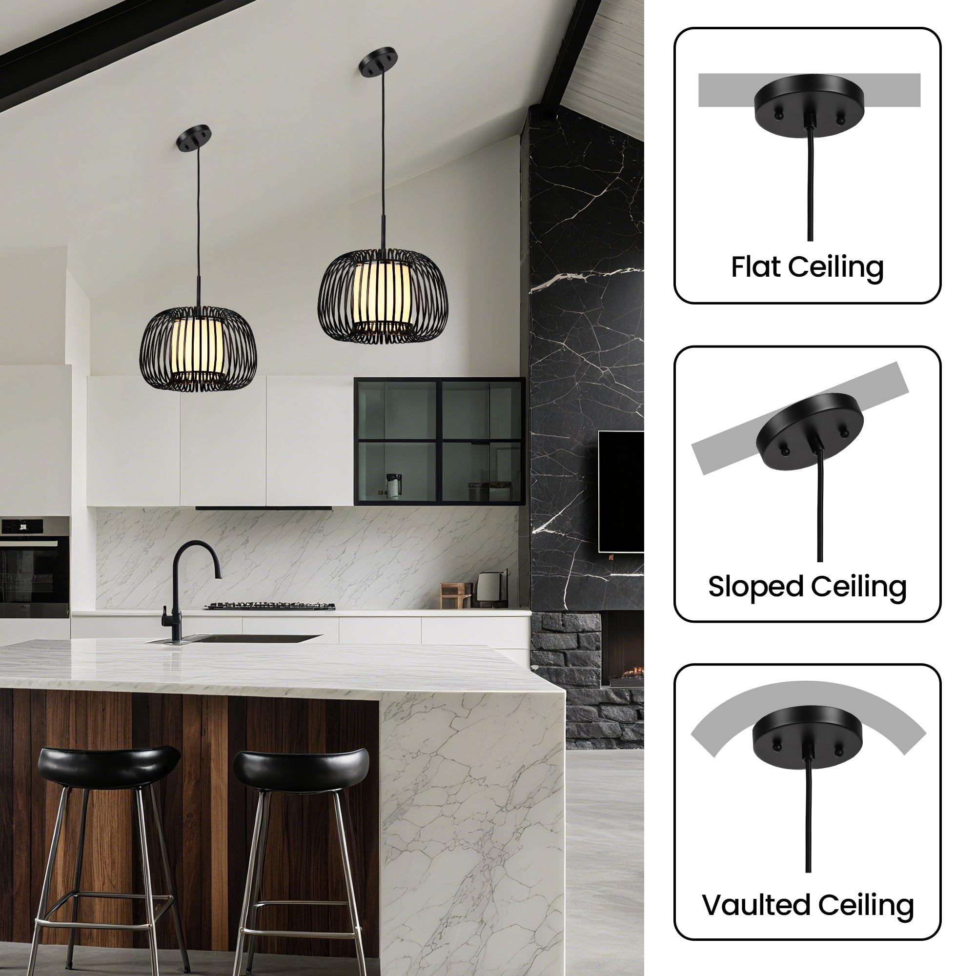 Linour Black Chandelier Ceiling Light Fixture, 13.7in Metal Drum Pendant, Adjustable, Model 8220PL-01BK-US