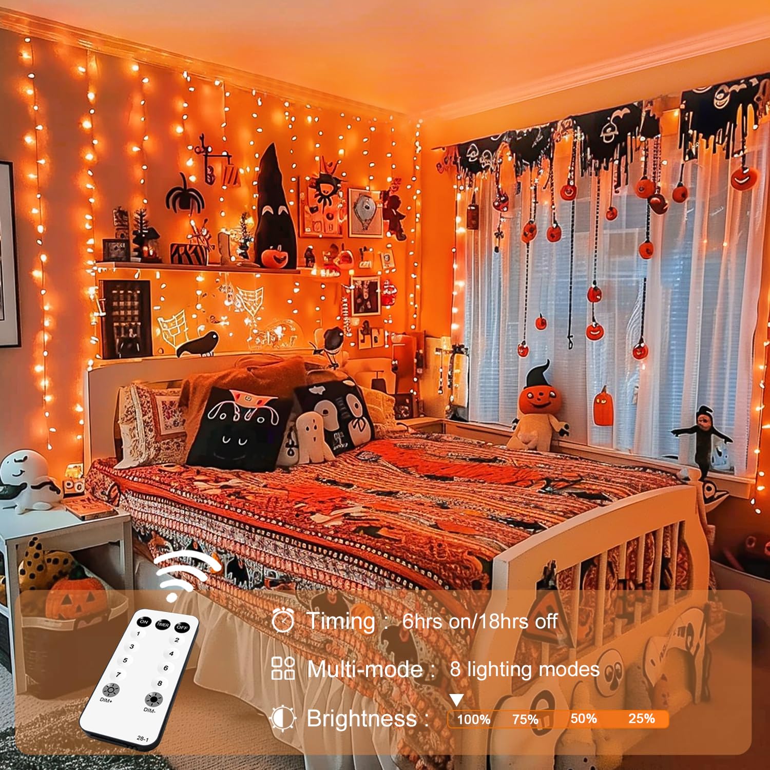 JMEXSUSS 300LED Halloween Curtain Lights with Remote, 8 Modes Orange Hanging String Lights Plug in for Fall Bedroom Party Hallow