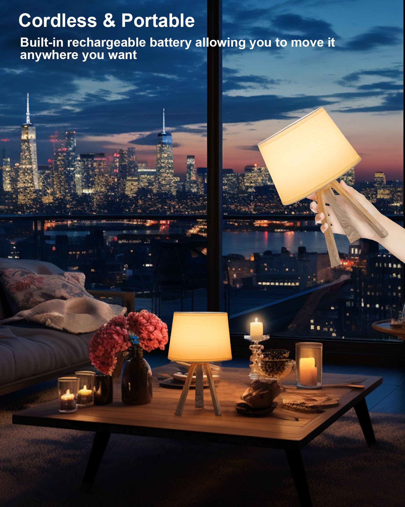 UMEXUS Cordless Table Lamp with Timer & Dimmer, Small White Fabric Shade, Rechargeable Battery, Remote Control, Model 90013