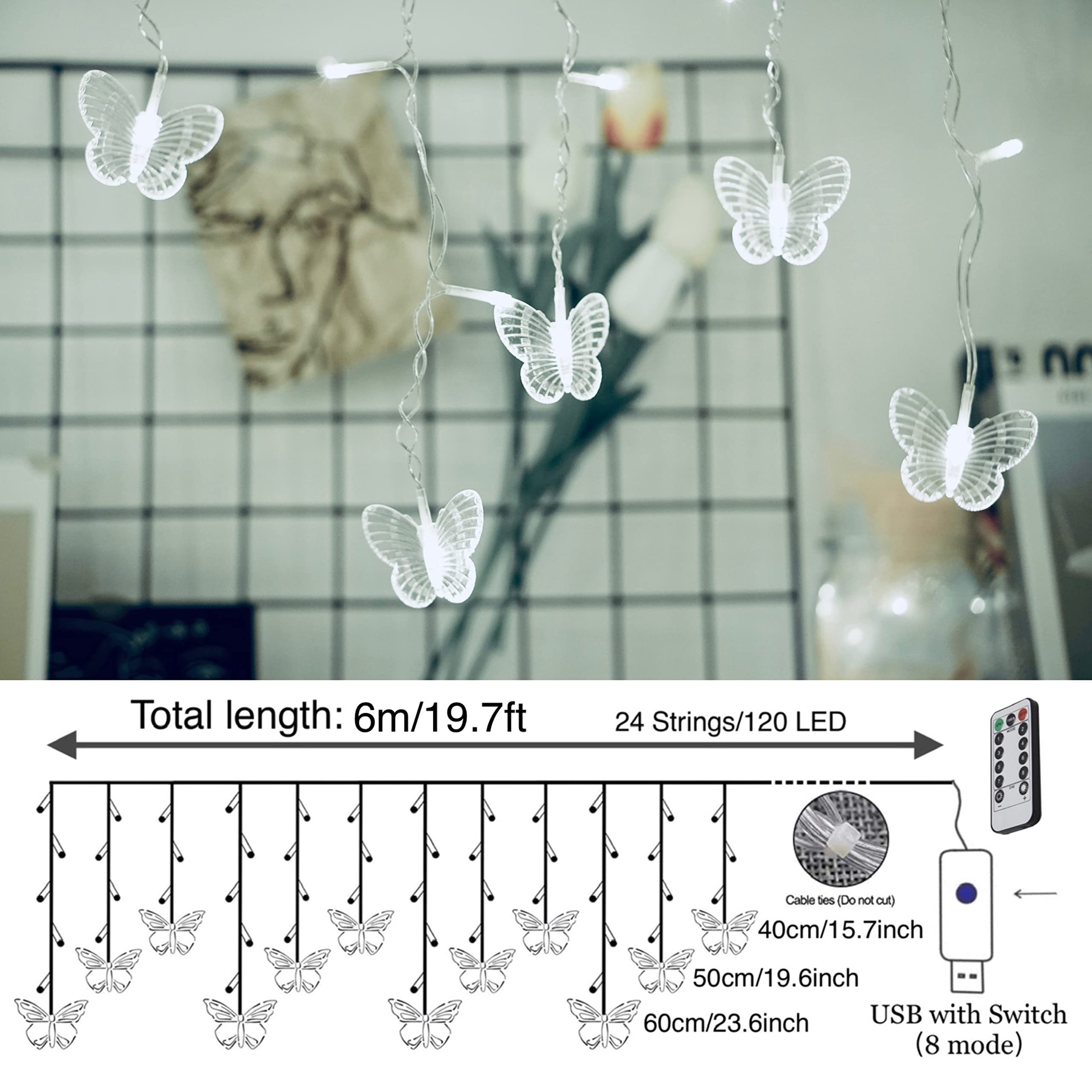 Felishine Butterfly Curtain Fairy Lights, 120 Led, 8 Modes, Usb, Waterproof, Cool White