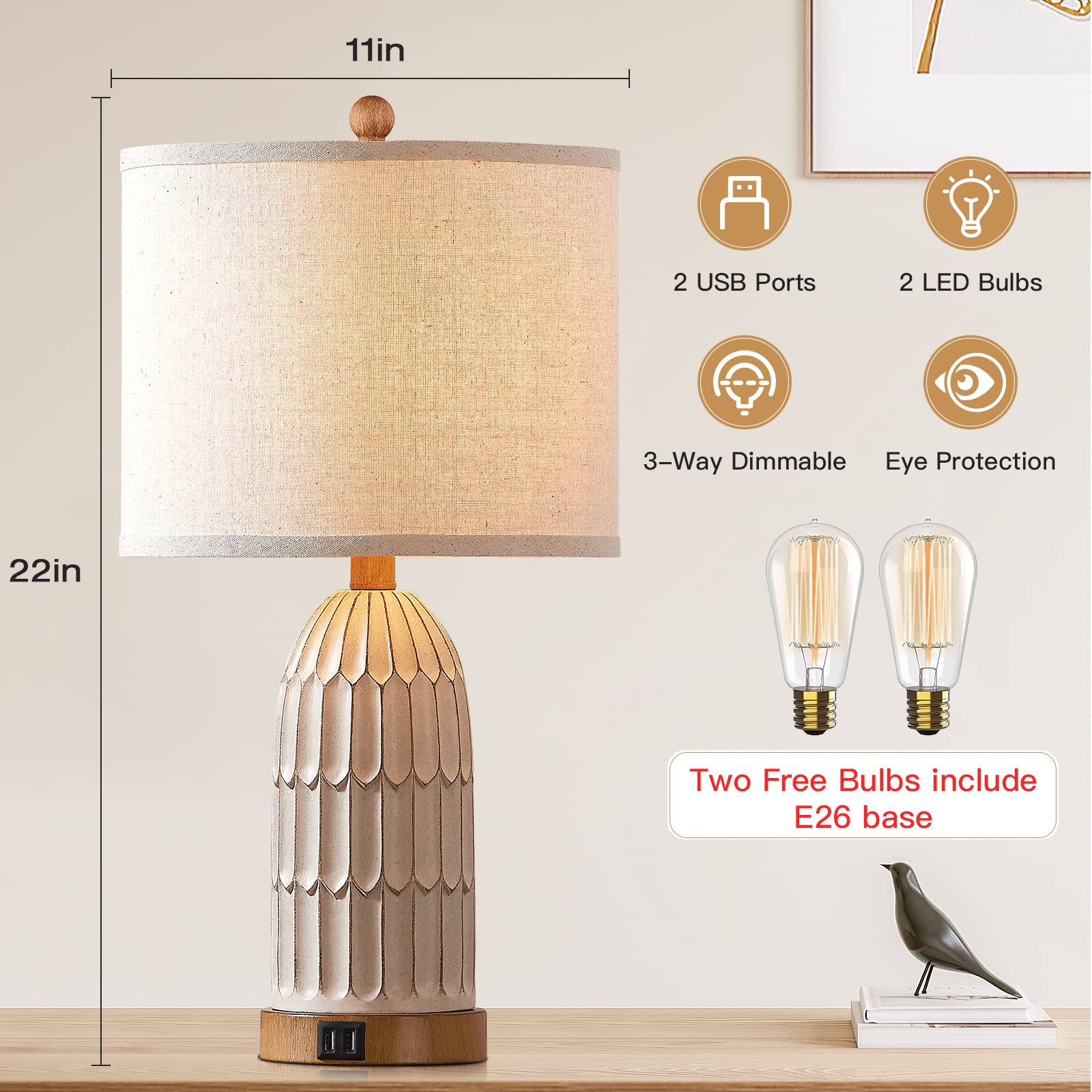 Cinkeda 3-Way Dimmable Touch Table Lamps Set Of 2 With Usb Ports, Cream Vintage Boho