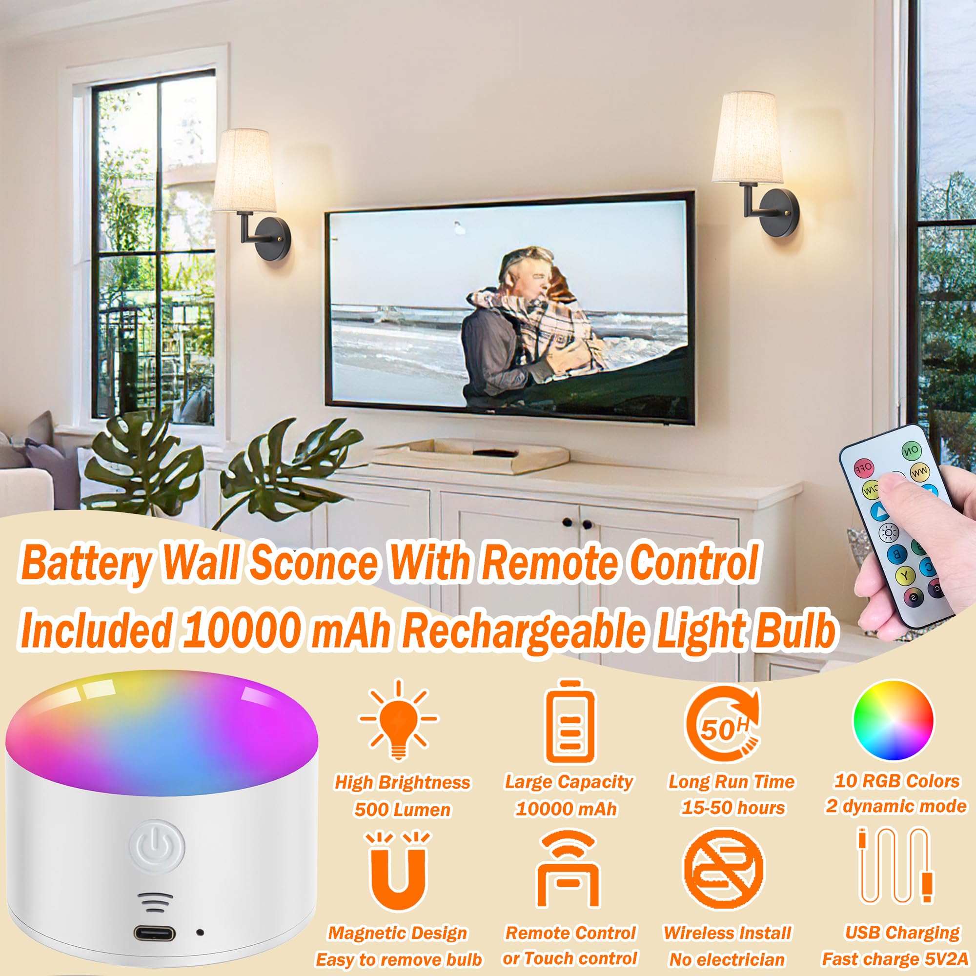 YHCDLAMP Battery Operated Wall Sconce with Remote Control, Dimmable, Metal, Black, Set of Two for Bedroom Living Room