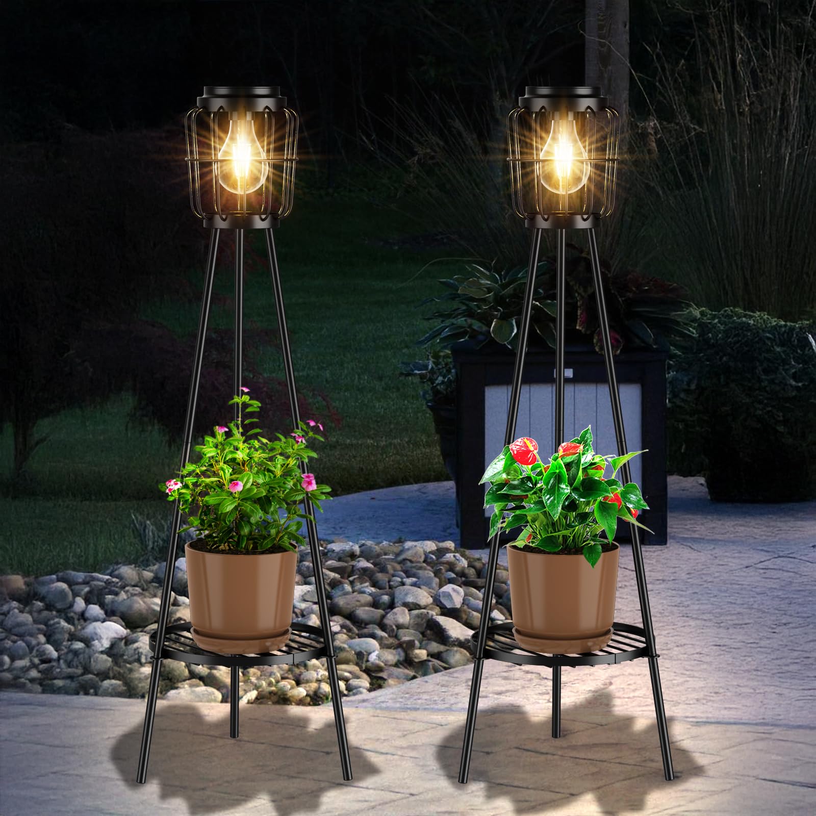 Mxwcy 2 Pack Solar Lights Outdoor With Plant Stands, Solar Floor Lamp With Led Edison Bulbs For Garden Yard Pathway Driveway Fro