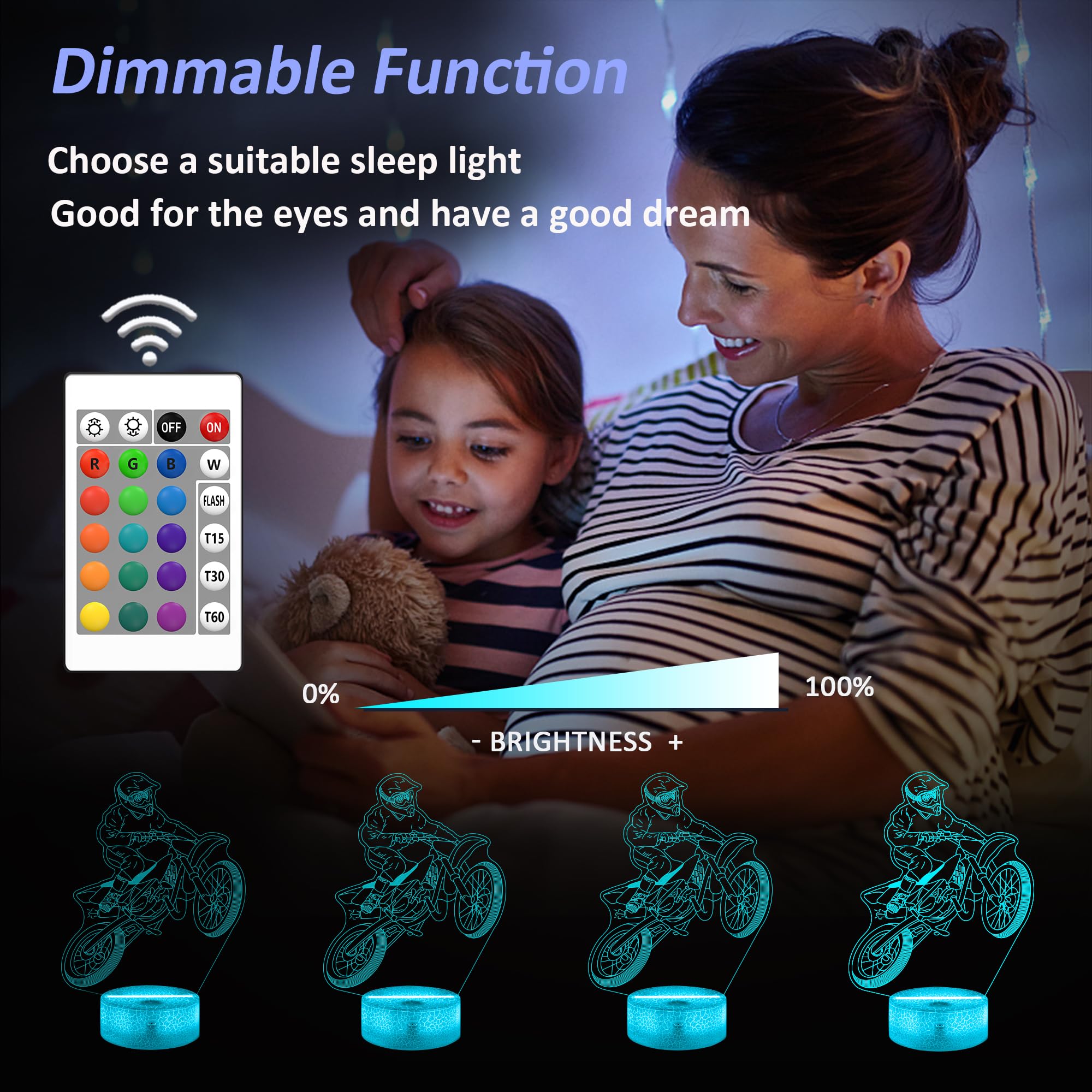 Okiyid Dirt Bike Night Light, Dirt Bike Gift, 3D Illusion Lamp, 3D Dirt Bike Night Light With Remote And Touch Control, Dirt Bike Decor For Kids Room, Girls Birthday Gifts