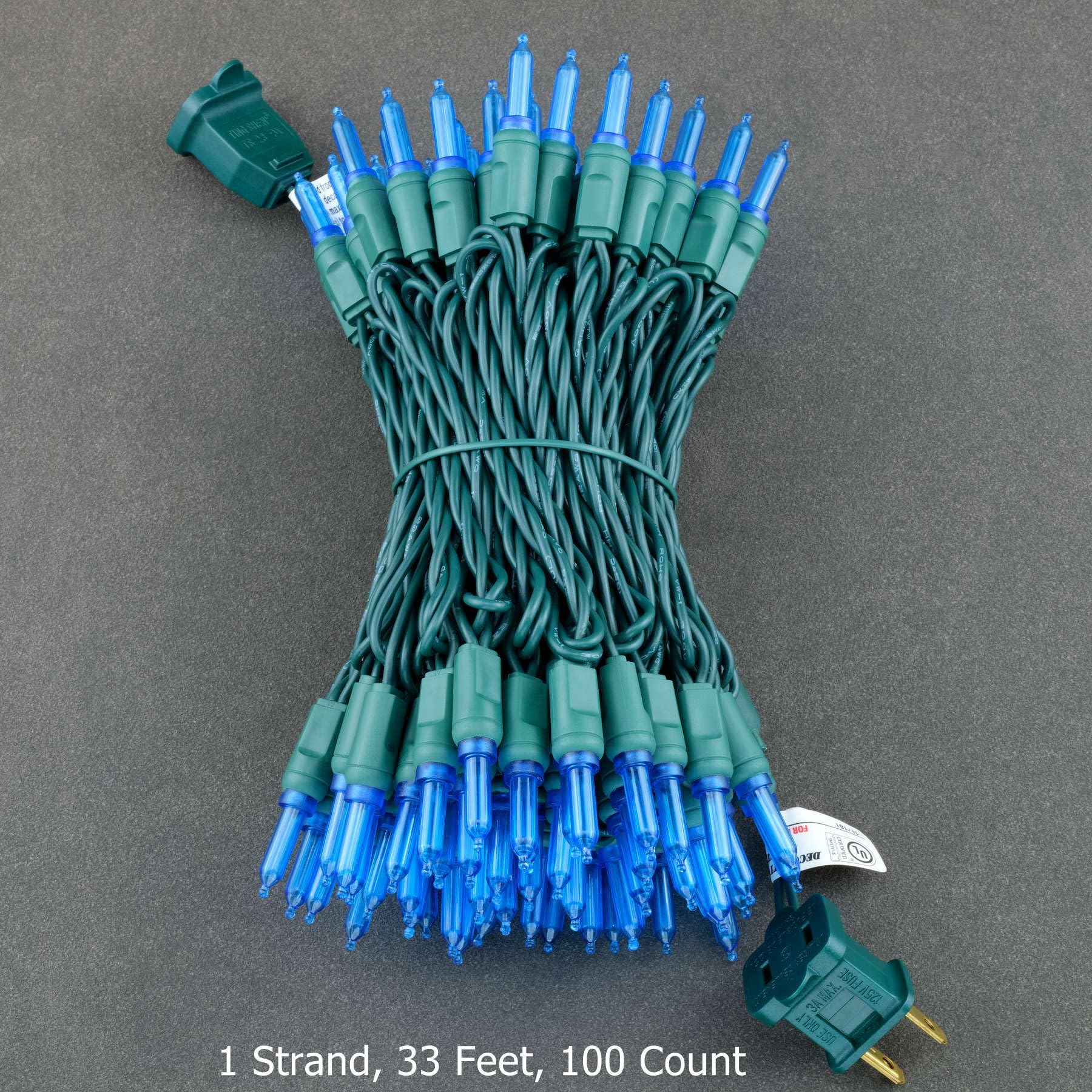 YULETIME 100 Blue T5 LED Christmas Lights, 33 ft Waterproof Green Wire, UL Certified