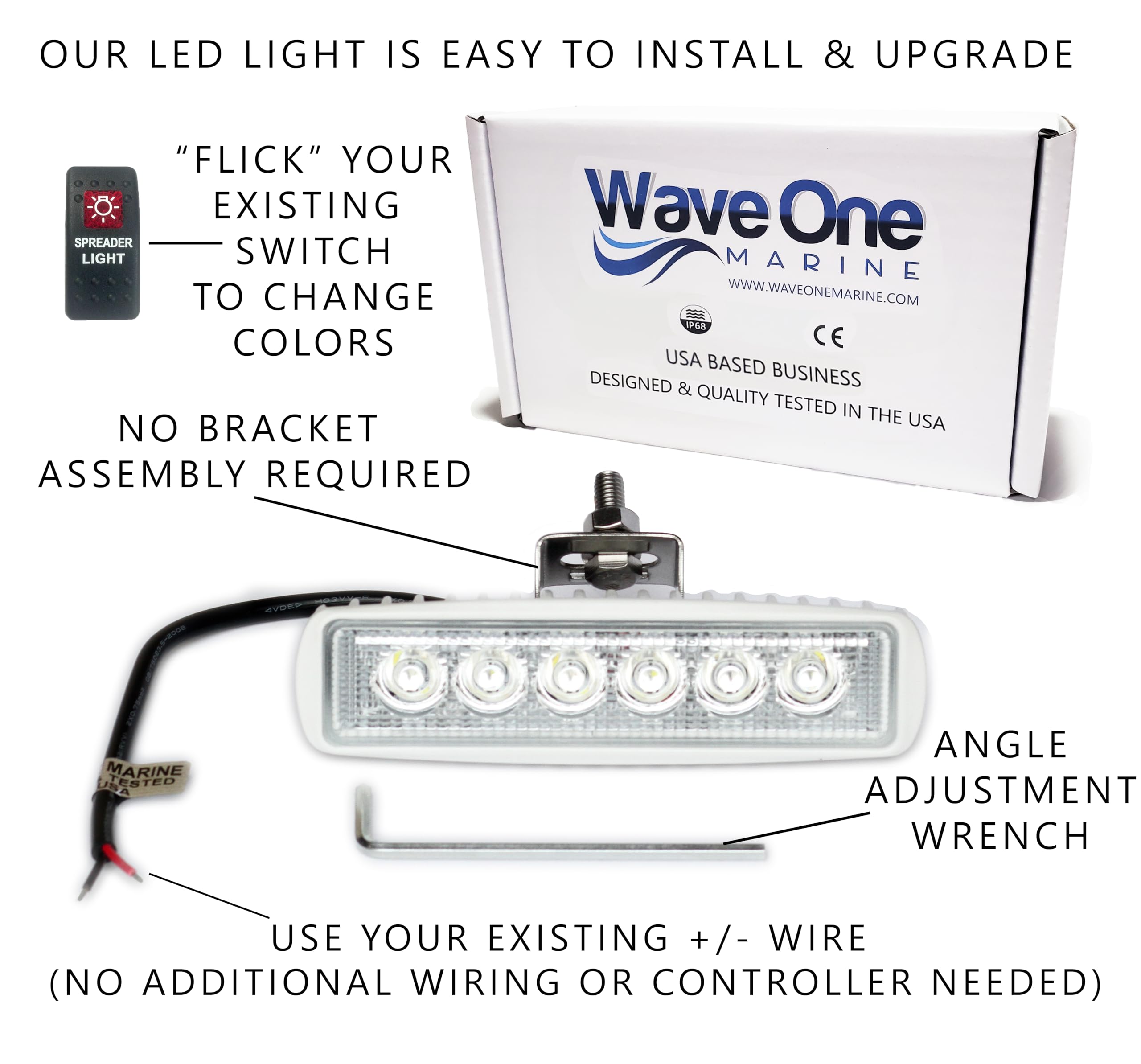 Wave One Marine LED Boat Spreader Light - IP68 Waterproof, Dual Color, Slim Profile, White Housing, Model 101WhiteHousing|DualWR