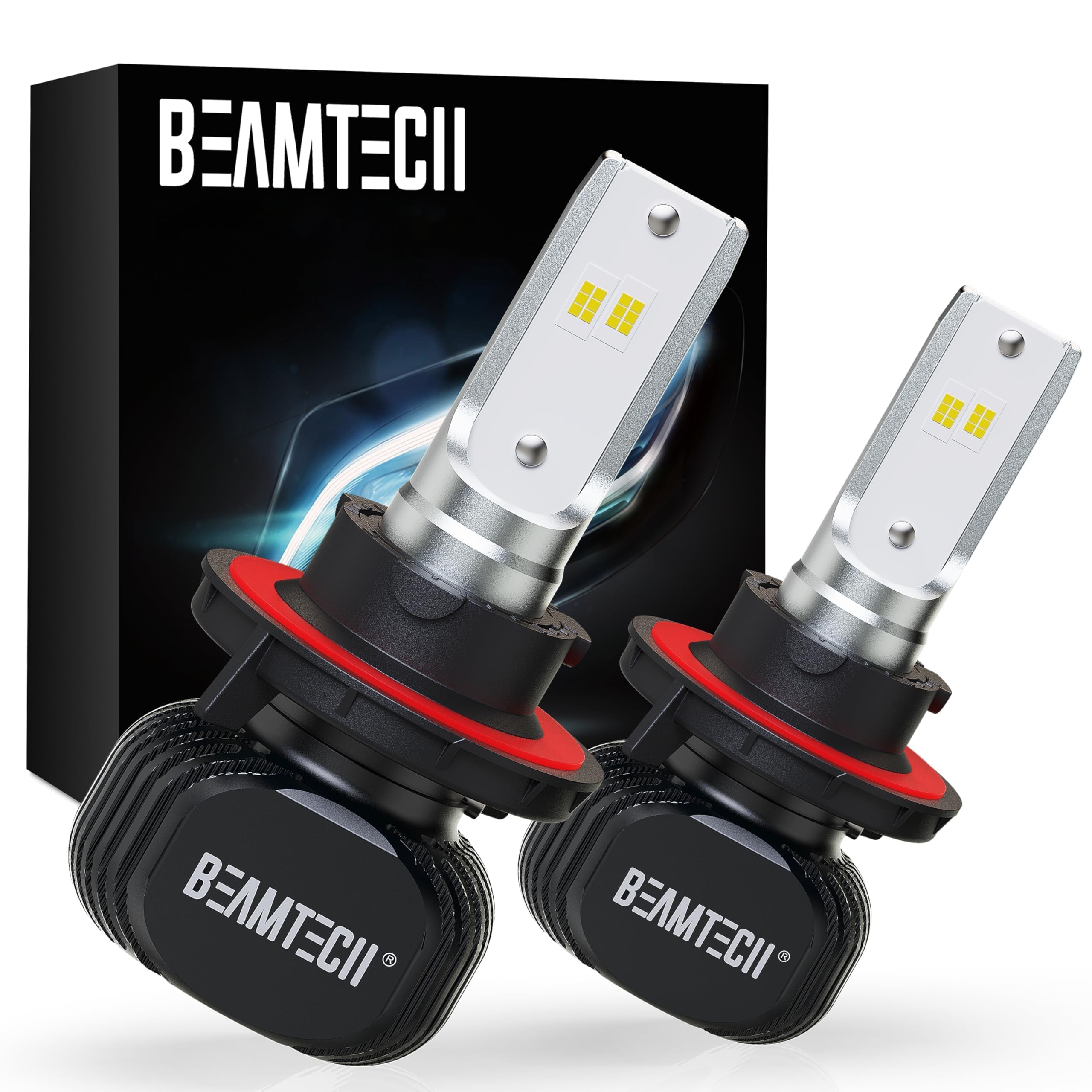 BEAMTECH H13/9008 Fanless LED Bulbs, 300% Brighter 6500K White Fog Light, Pack of 2, Aluminum, for Car & Powersports
