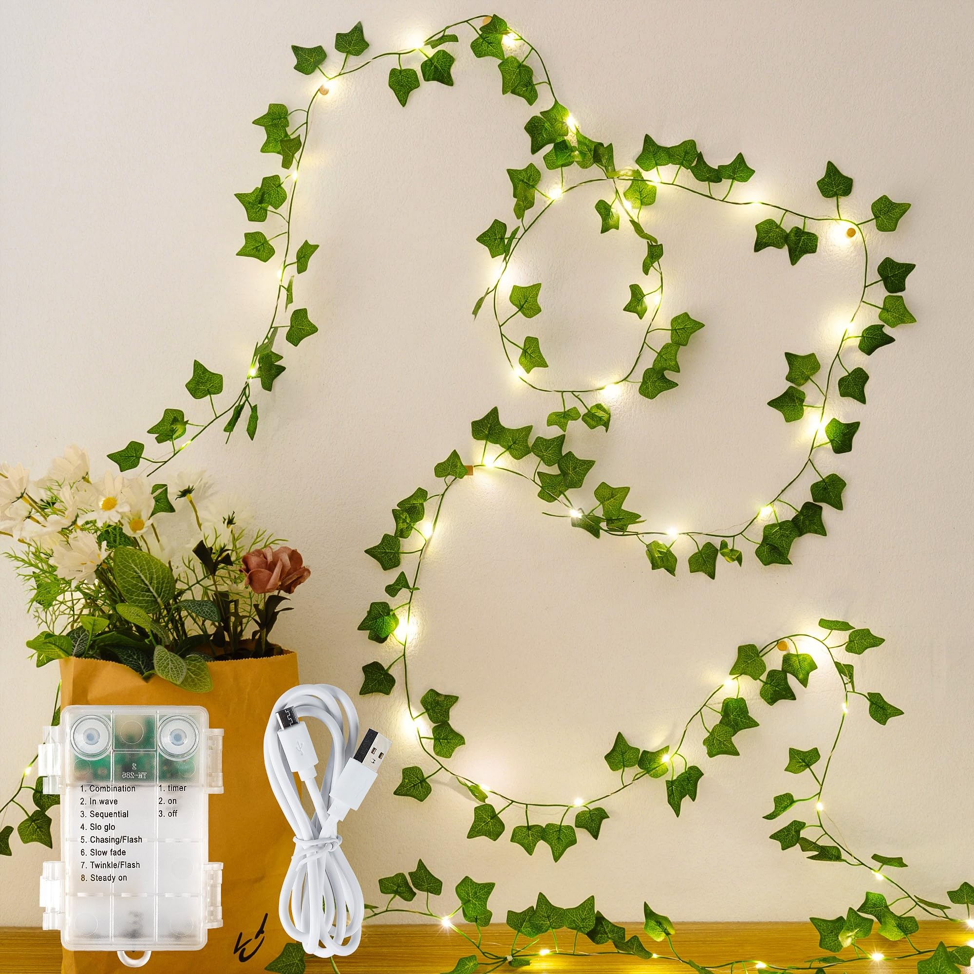 HEYFUNi Compatible Ivy Vines with Lights  23 Ft 73 Led Artificial Greenery Garland with Fairy Lights USB/Battery Operated  Leaf String Lights for Bedroom Aesthetic  Wall  Balcony  Wedding Decor  Warm White