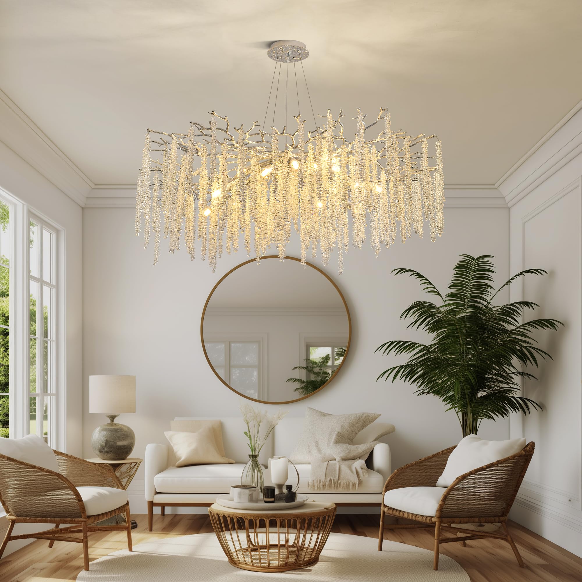 Upfelw Modern Crystal Tree Branch Chandeliers Chrome D39.4'', Round Art Deco Raindrop Lighting Fixture For Dining Room Living Ro