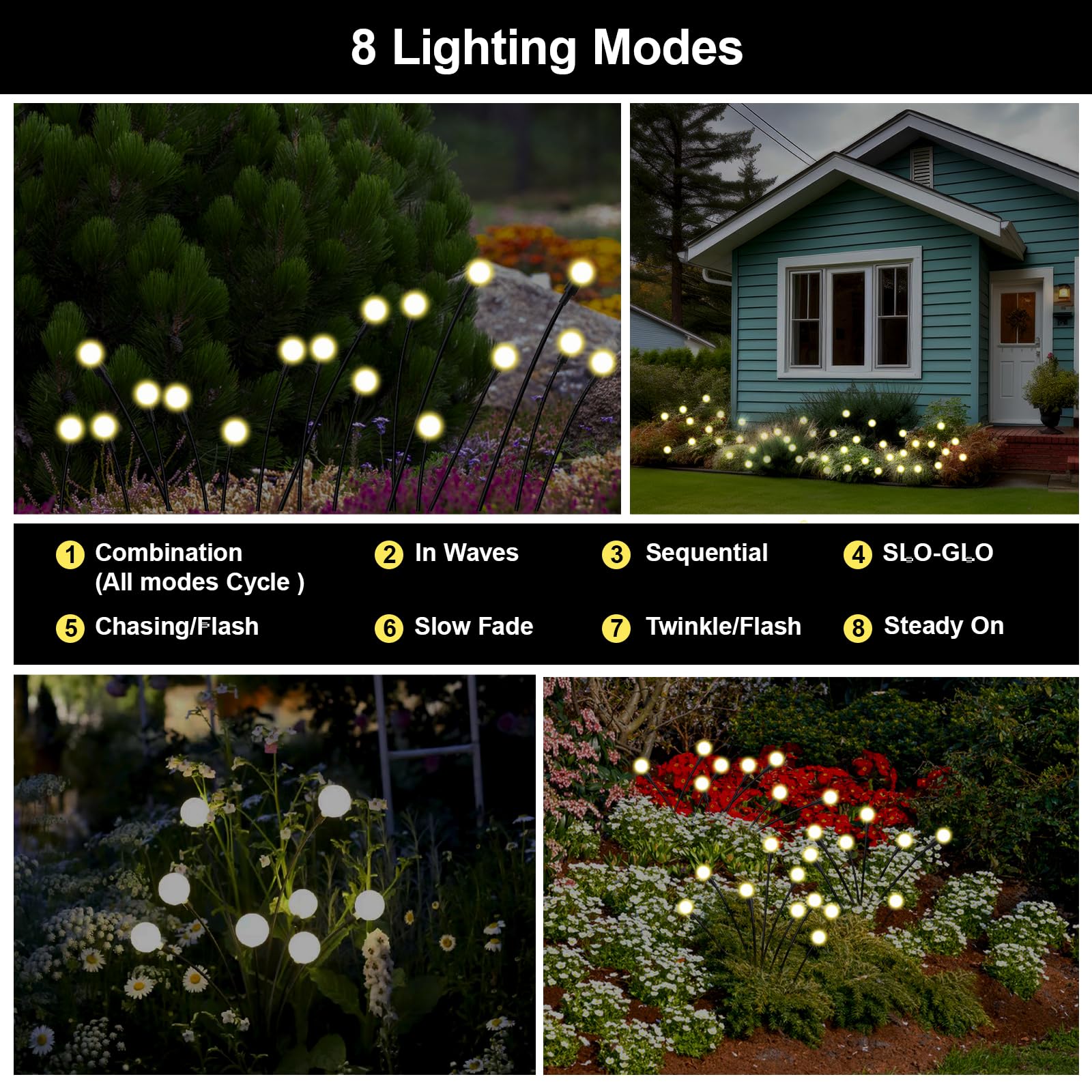 Galavasen Solar Firefly Lights, 8 Modes, Waterproof, Warm White, 4 Pack, Model Yhc007, Outdoor Garden Decor