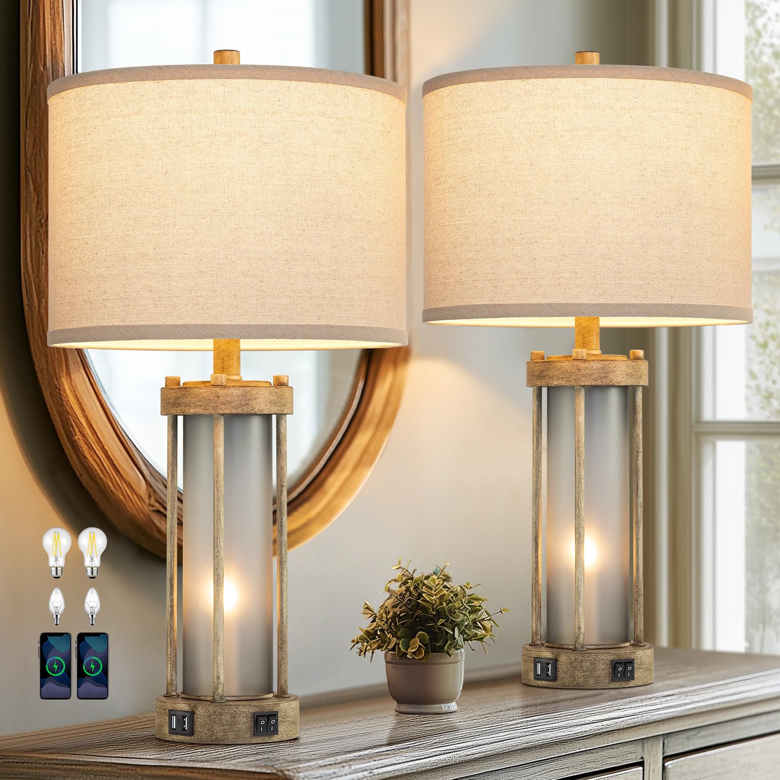 Farmhouse Table Lamps Set Of 2 For Living Room, Vintage Bedroom Nightstand Lamp With Dual Usb Ports, Bedside Lamp With Frosted G