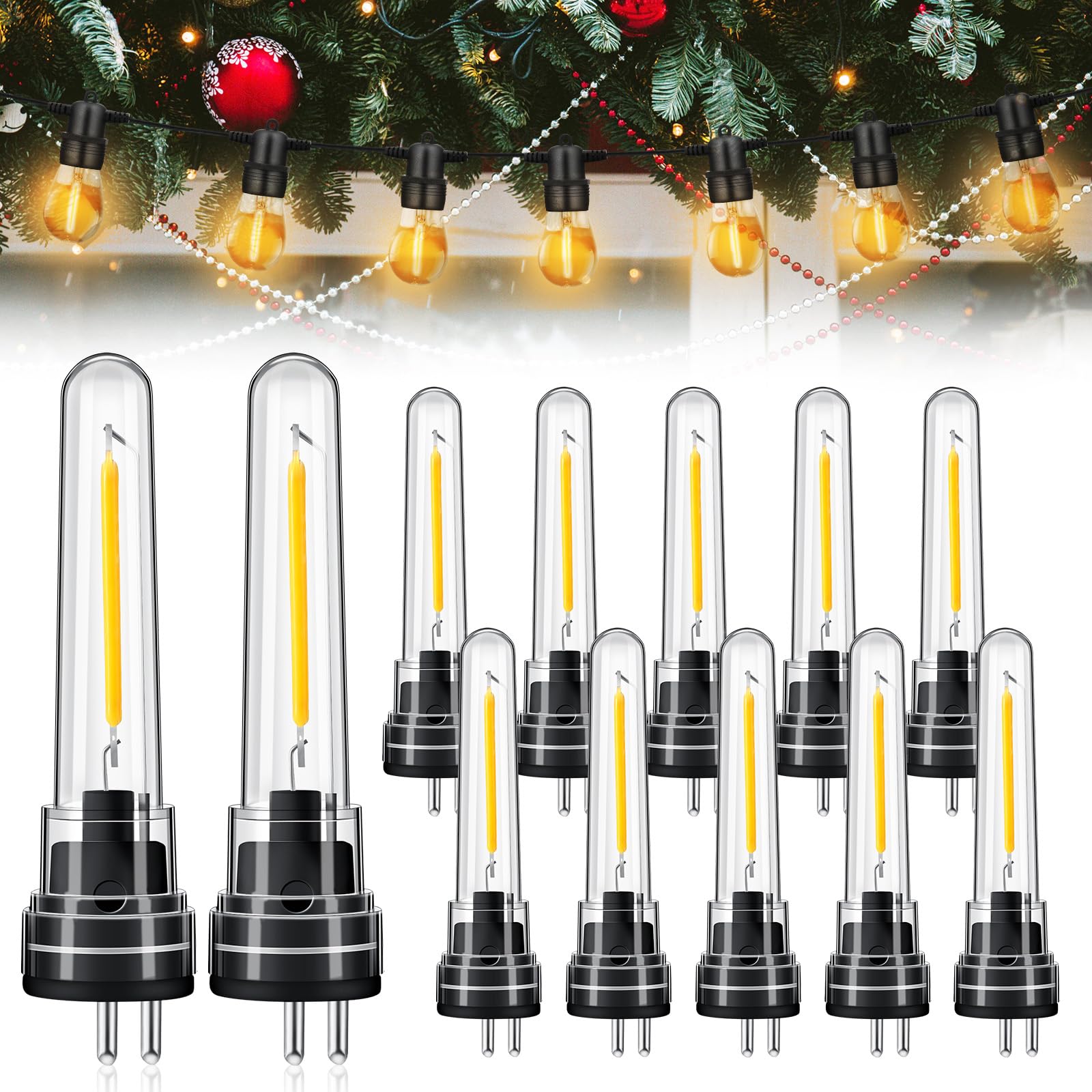 Rossesay S14 LED String Light Bulbs, 12 Pcs, 1.5W, 2700K Warm White, Waterproof, Black, Model XUU-Rossesay-