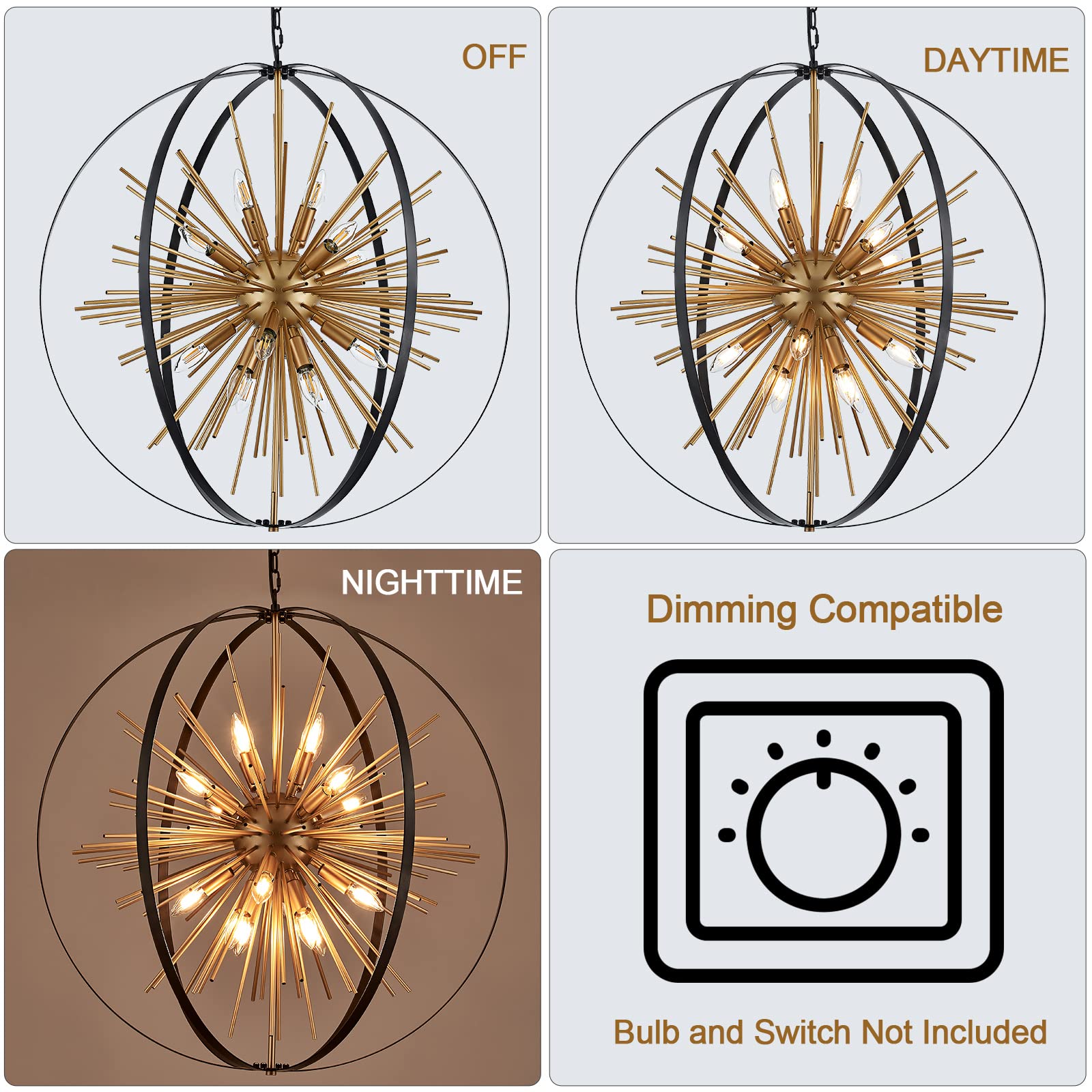 TACDANDM 31.5" Black Gold 16-Light Globe Sputnik Chandelier, Metal, Adjustable, Modern Industrial Ceiling Pendant Light for Home Decor