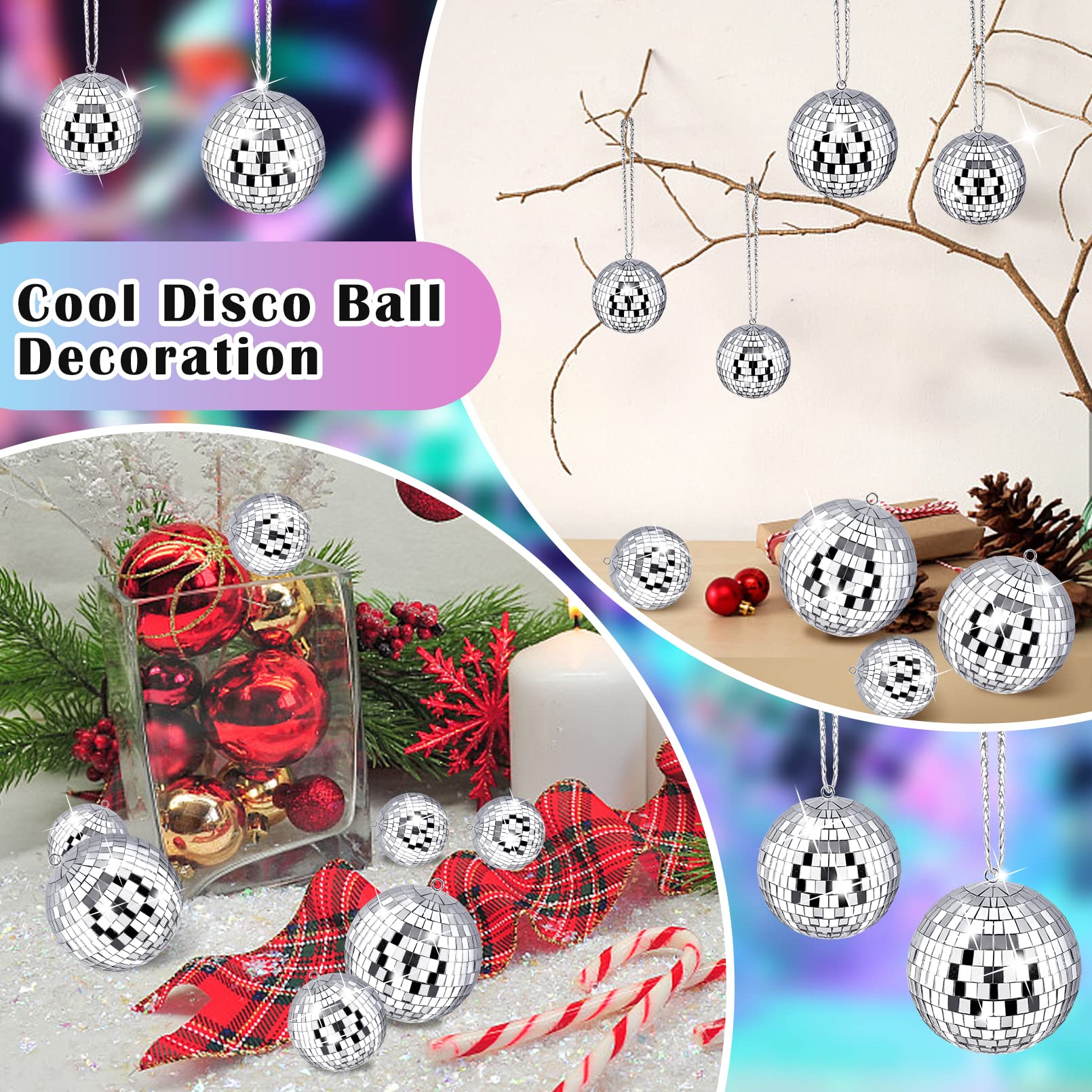 Calluace 50 Pcs Silver Mini Mirror Disco Balls Ornaments - Reflective Decorations for Holiday Party Decor (1.2-4 Sizes)