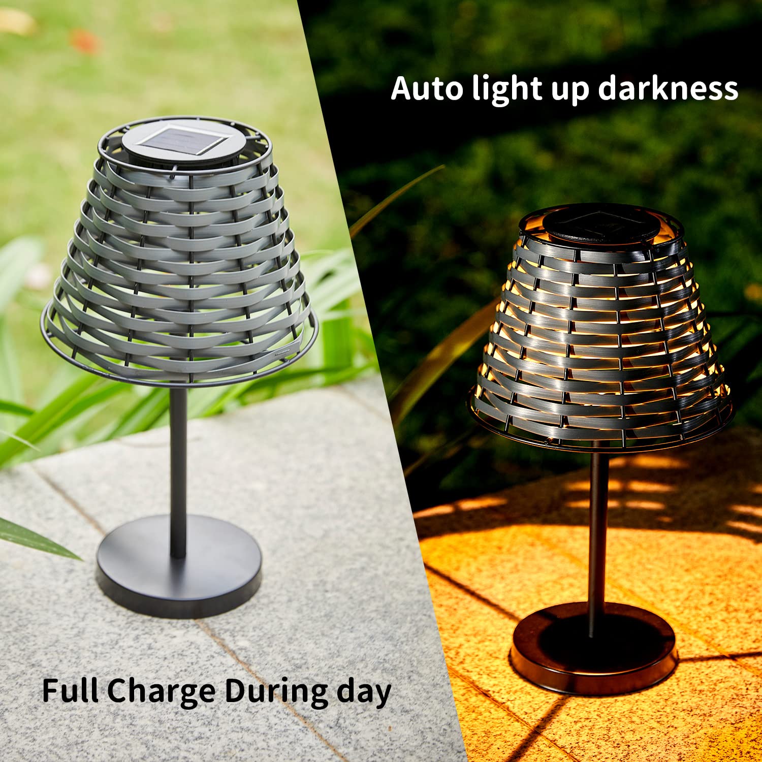 Shumi Solar Table Lamp - Waterproof Vintage Metal Base, Rattan Shell, Minimalist Design For Patio & Indoor